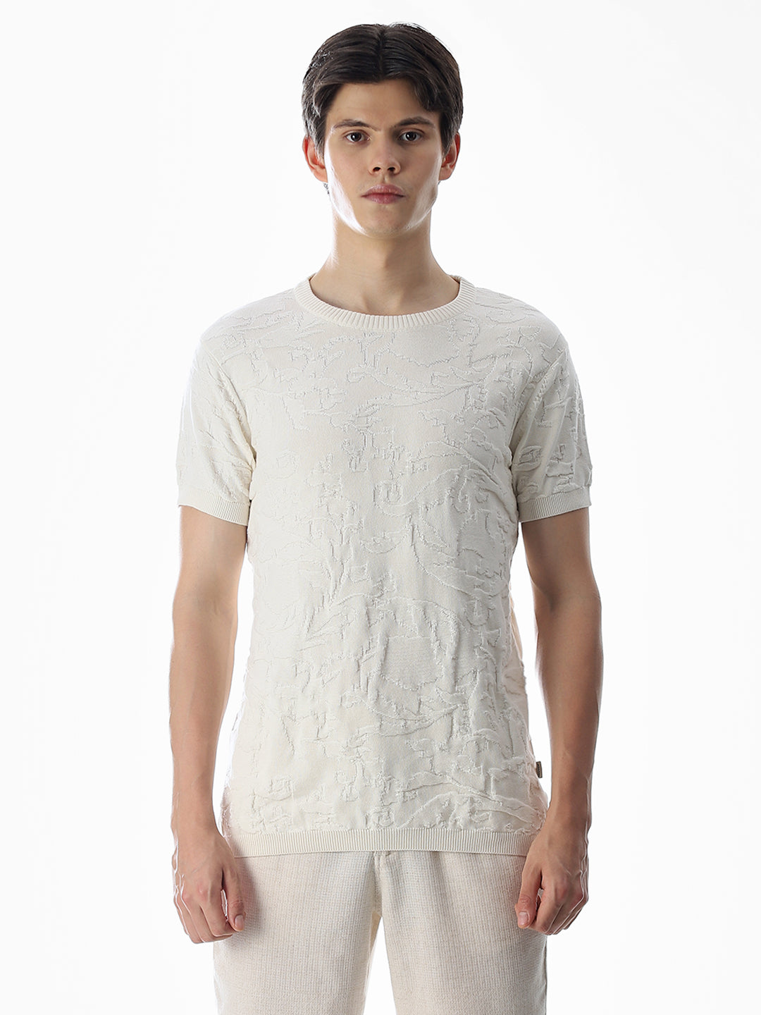 White Jacquard Crew Neck T-shirt