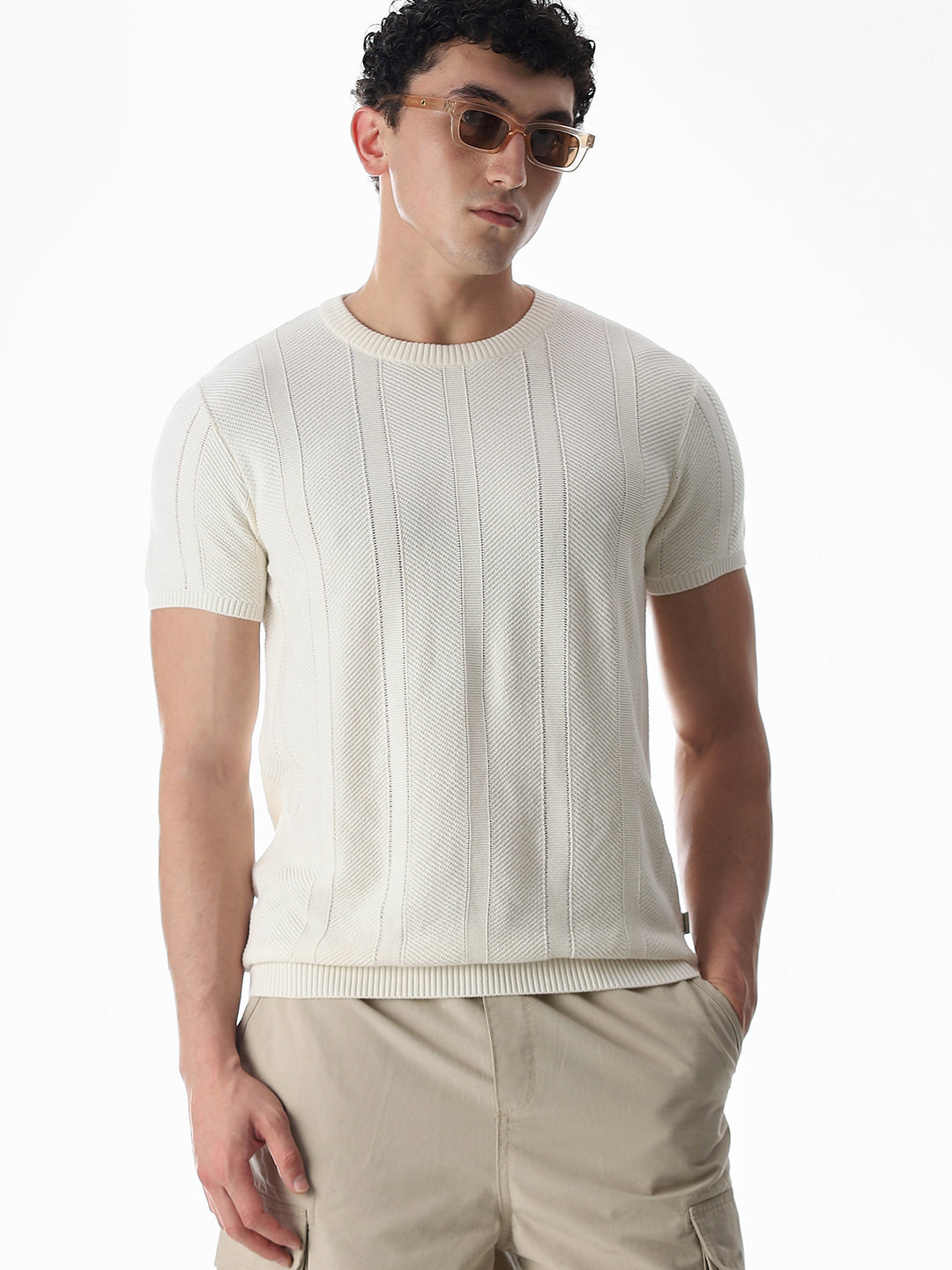 White Jacquard Knitted T-shirt - L