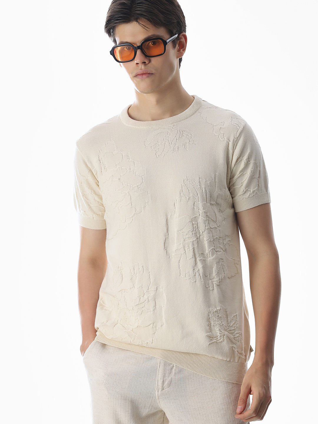 White Jacquard Knitted T-shirt - S