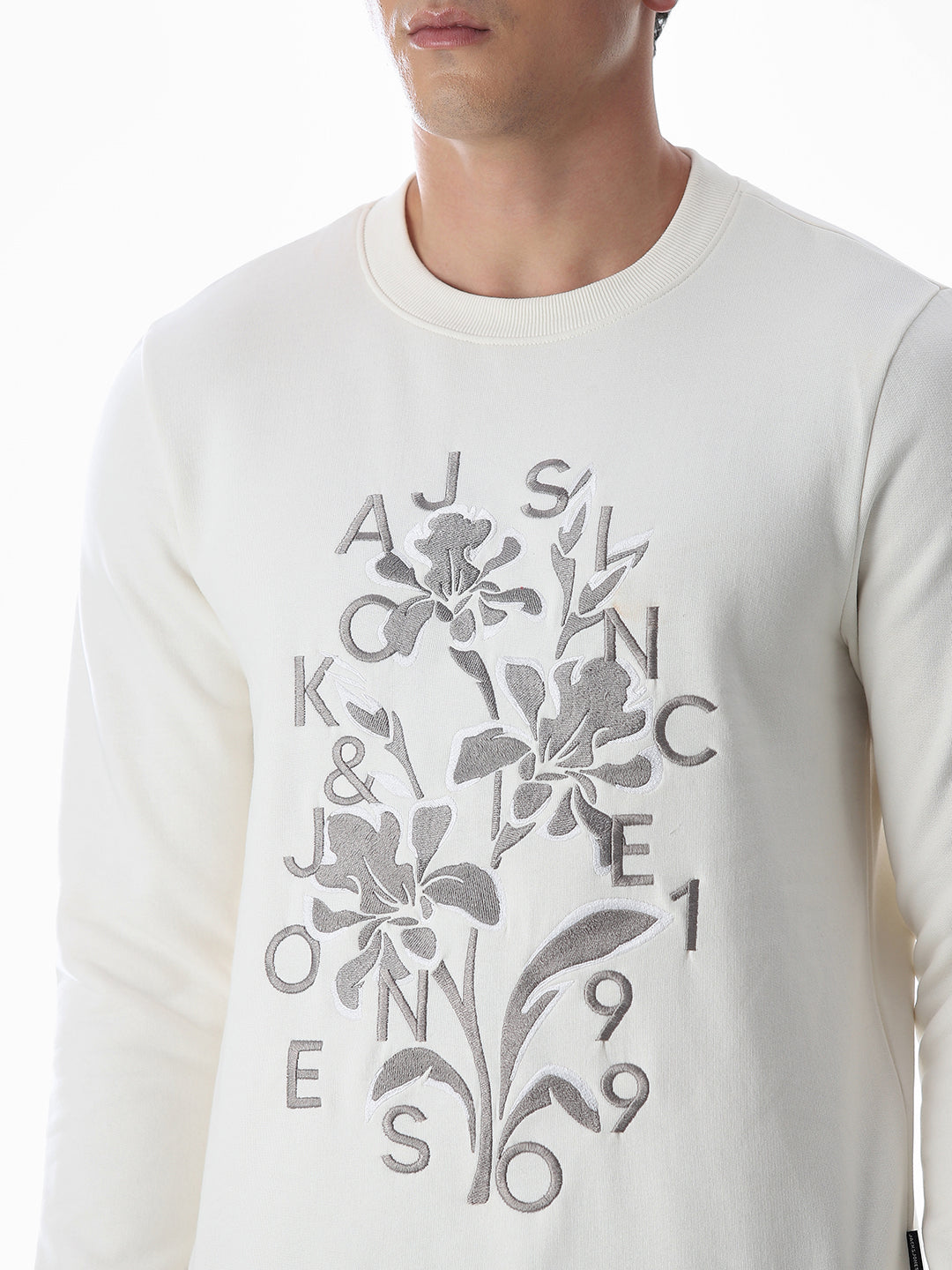 White Embroidered Print Sweatshirt