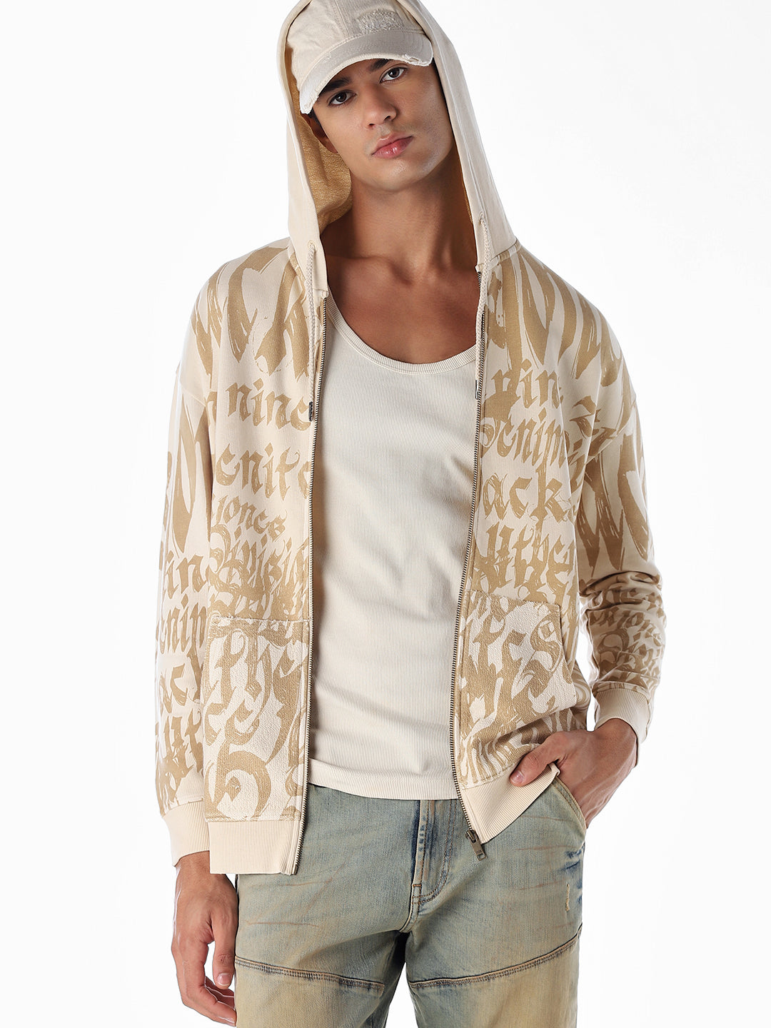 Typographic Print Front Open Sweatshirt