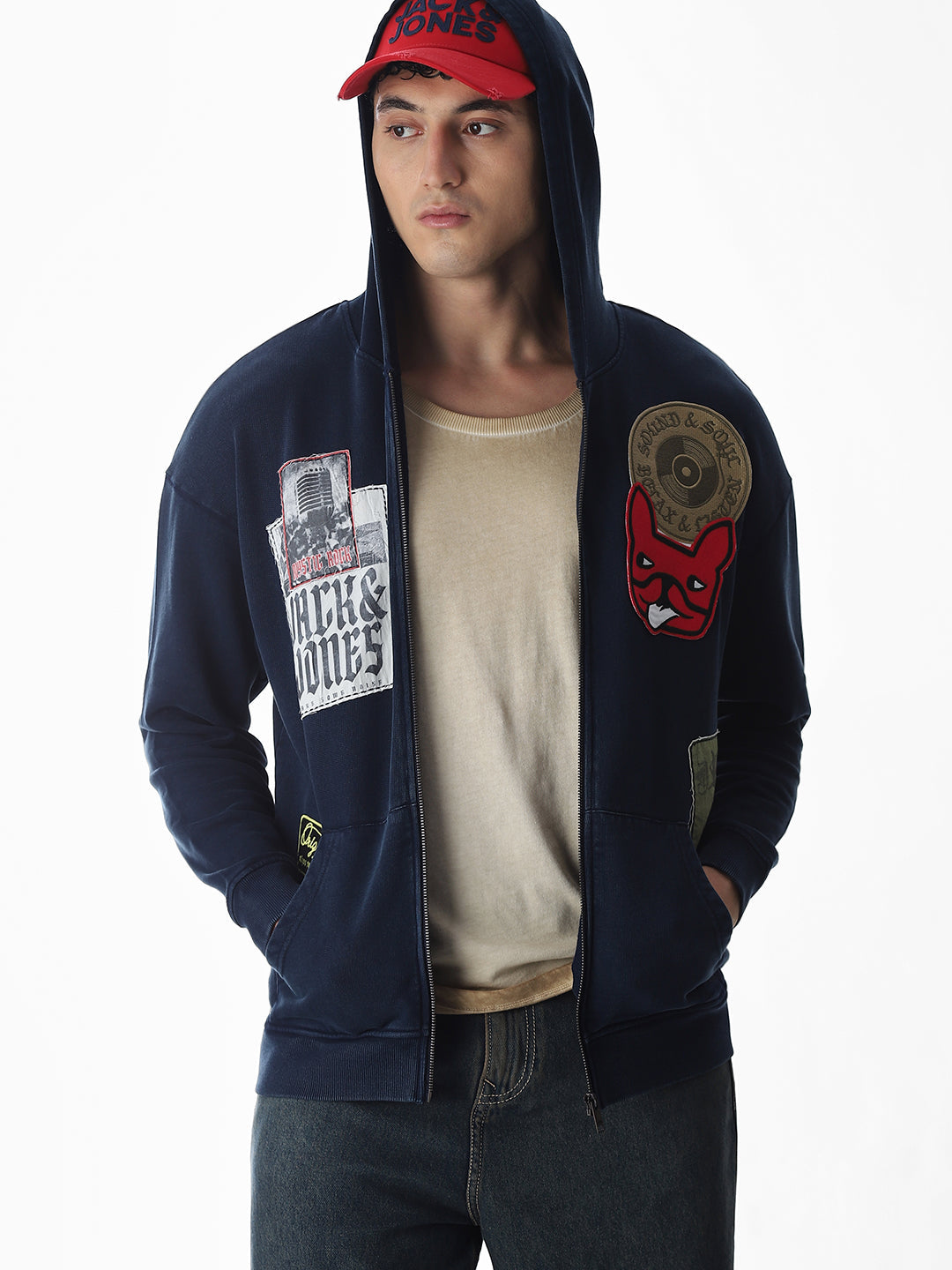 Printed Front Open Hooded Sweatshirt - S