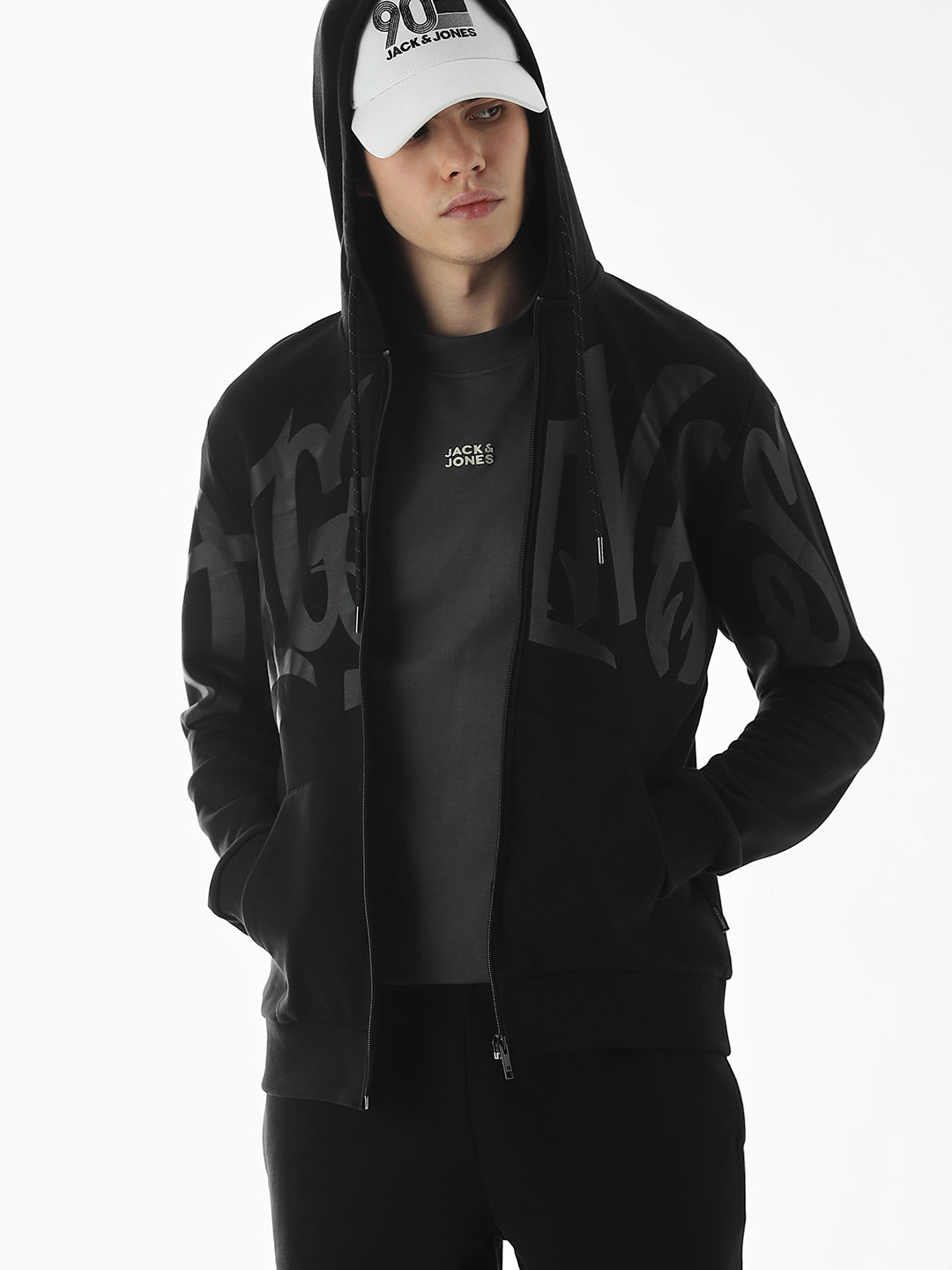 Black Typographic Print Front Open Sweatshirt - S