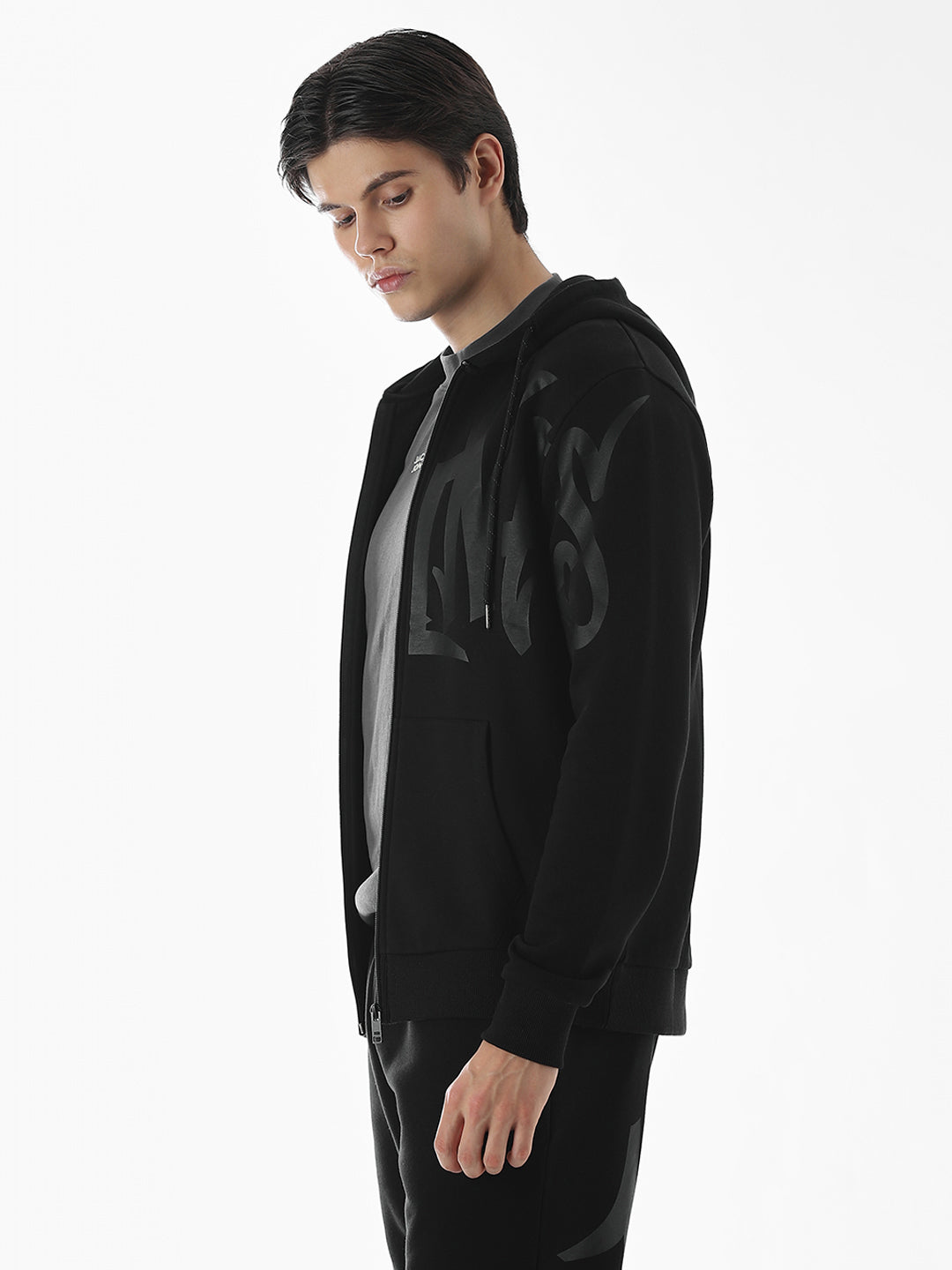 Black Typographic Print Front Open Sweatshirt