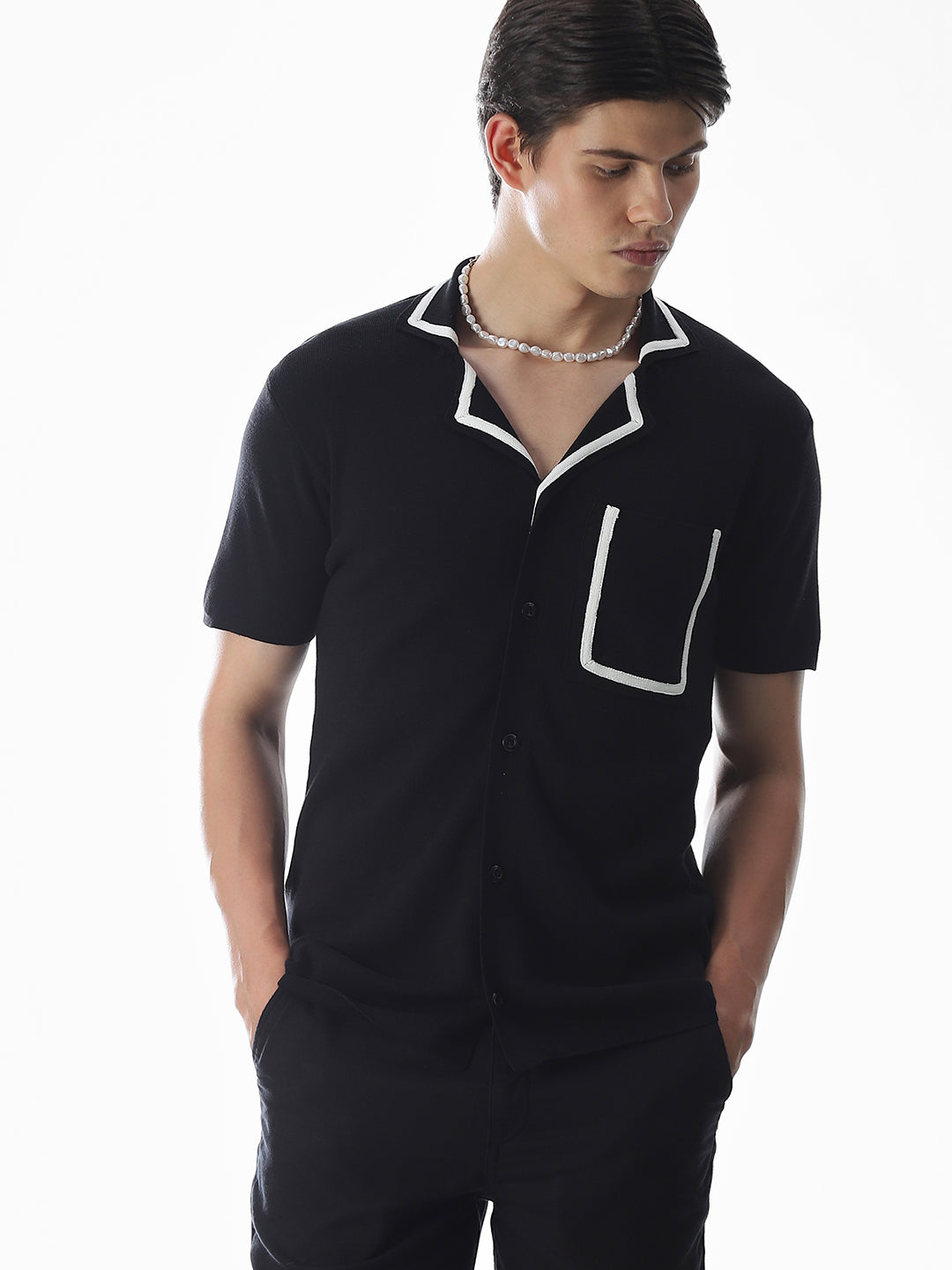 Black Knitted Drop Shoulder Polo - S