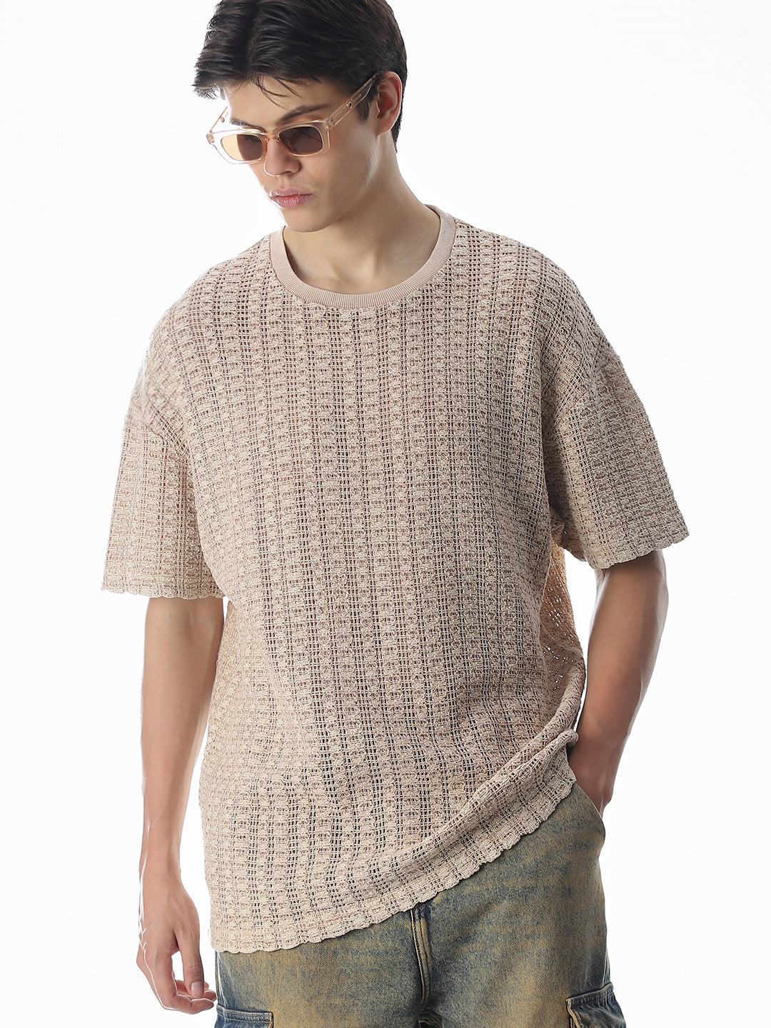 Beige Jacquard Boxy Fit T-shirt - XS