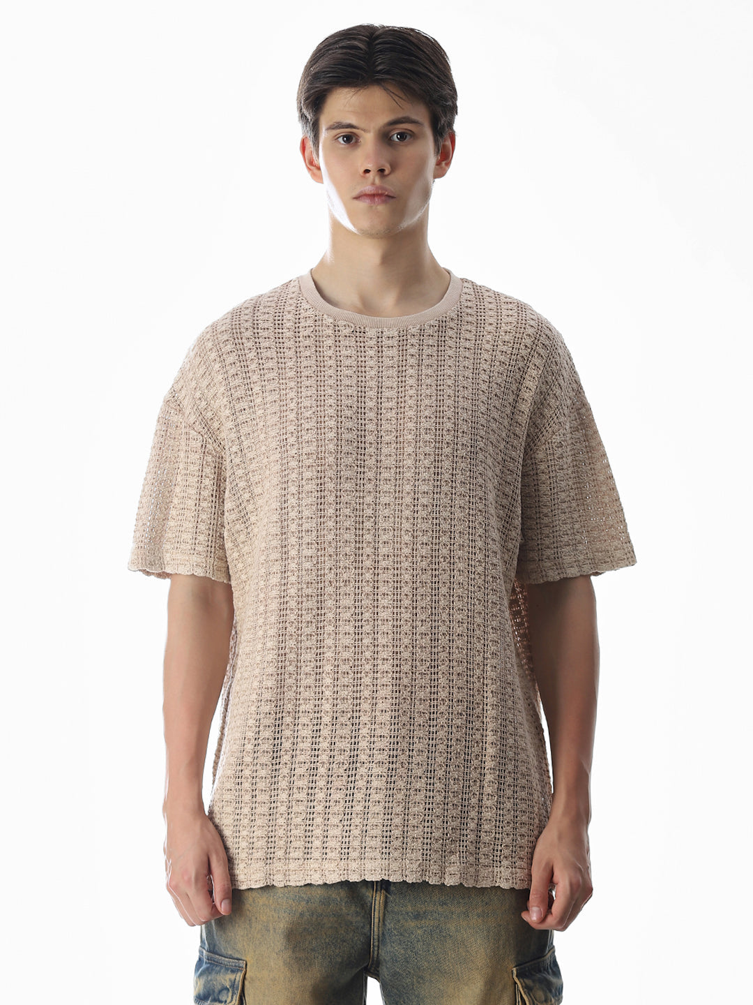 Beige Jacquard Boxy Fit T-shirt