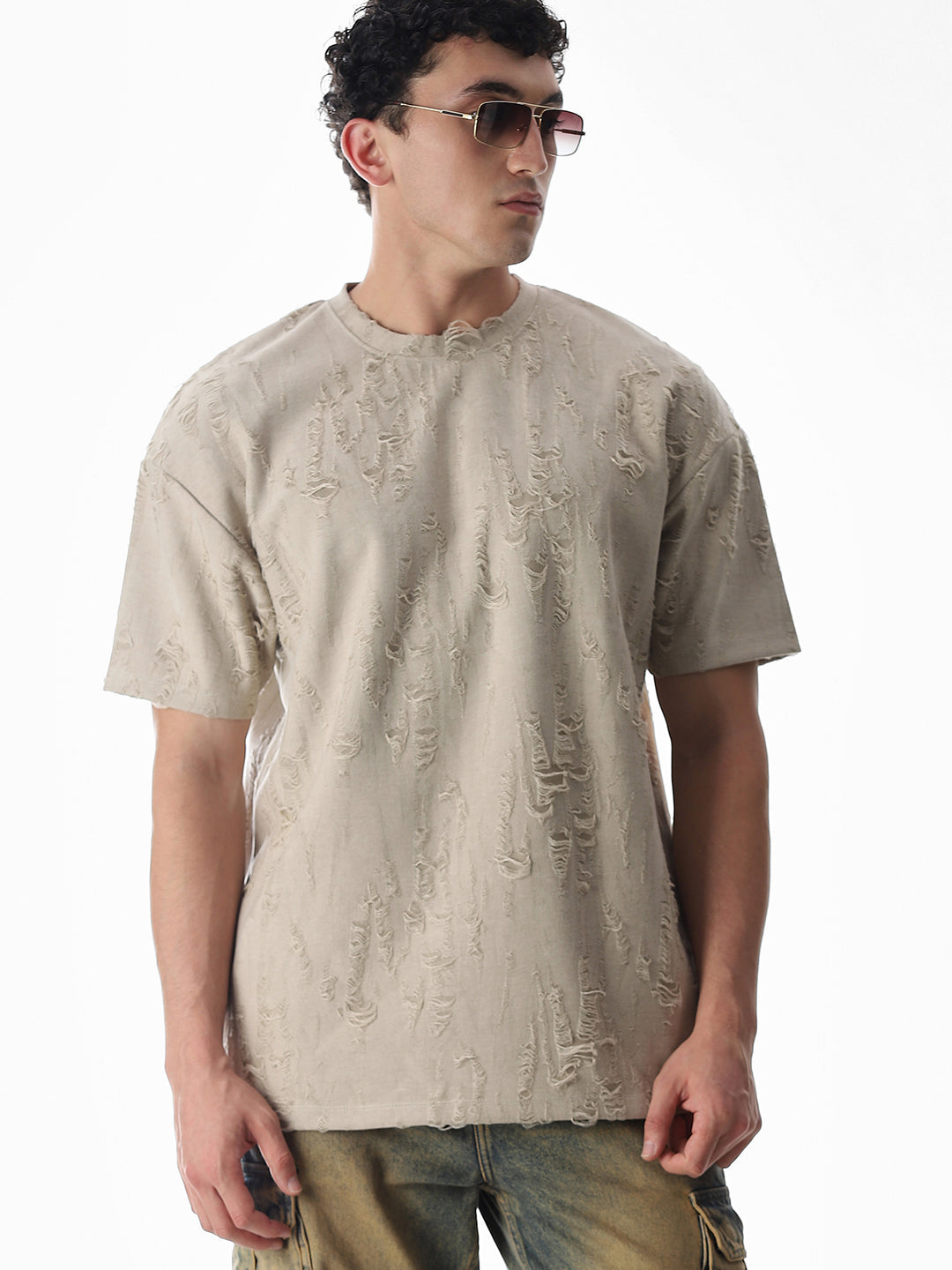 Beige Distressed Boxy Fit T-shirt - S