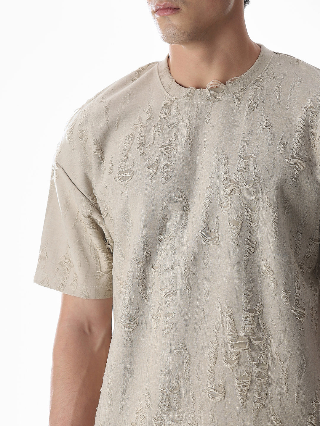 Beige Distressed Boxy Fit T-shirt
