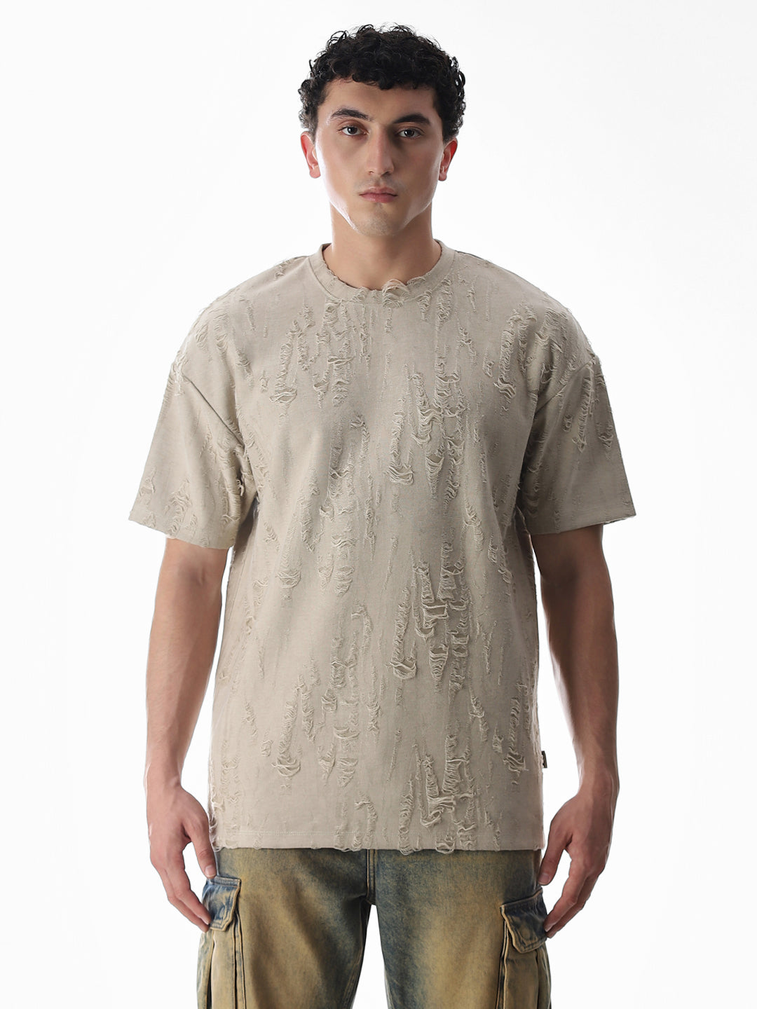 Beige Distressed Boxy Fit T-shirt