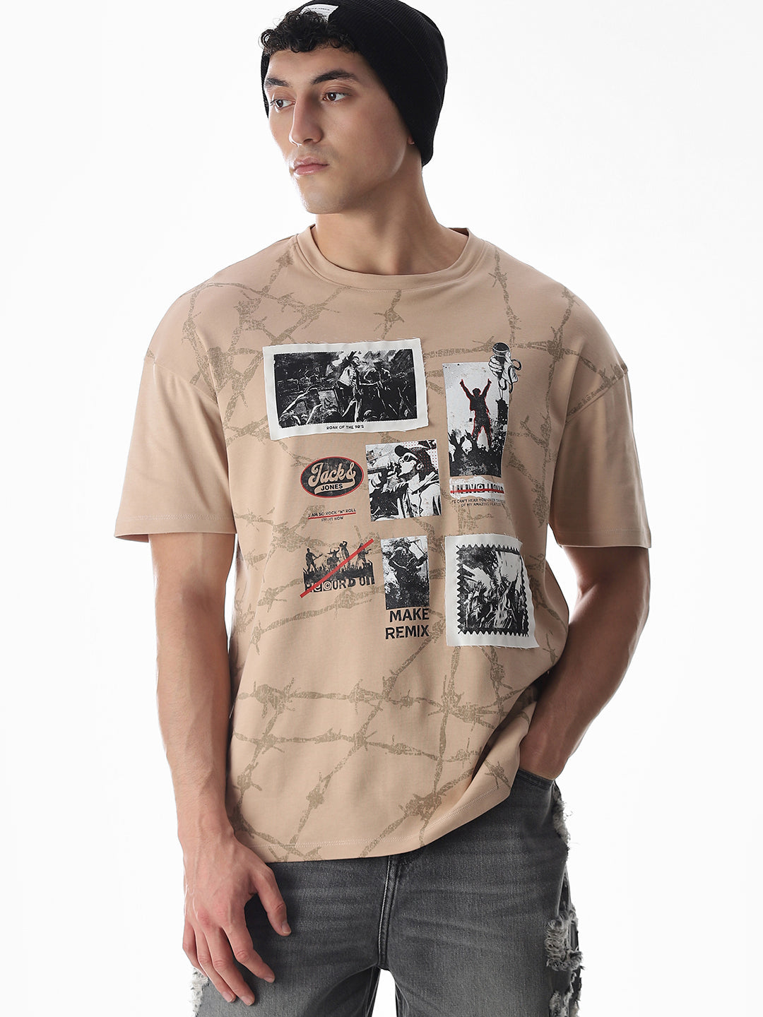 Beige Patch Print Boxy Fit T-Shirt - XS