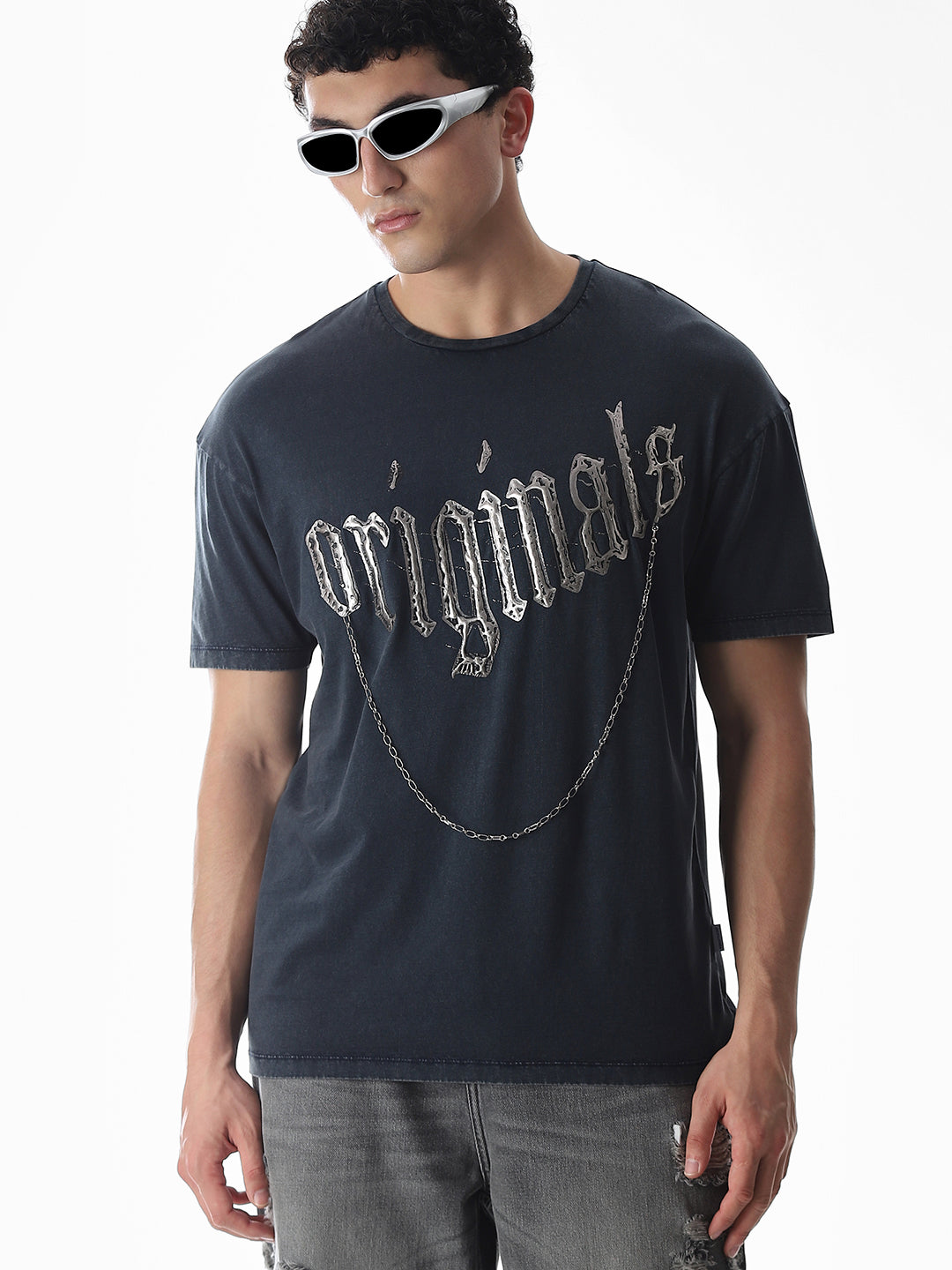 Blue Chain Detail Cotton T-shirt - XS
