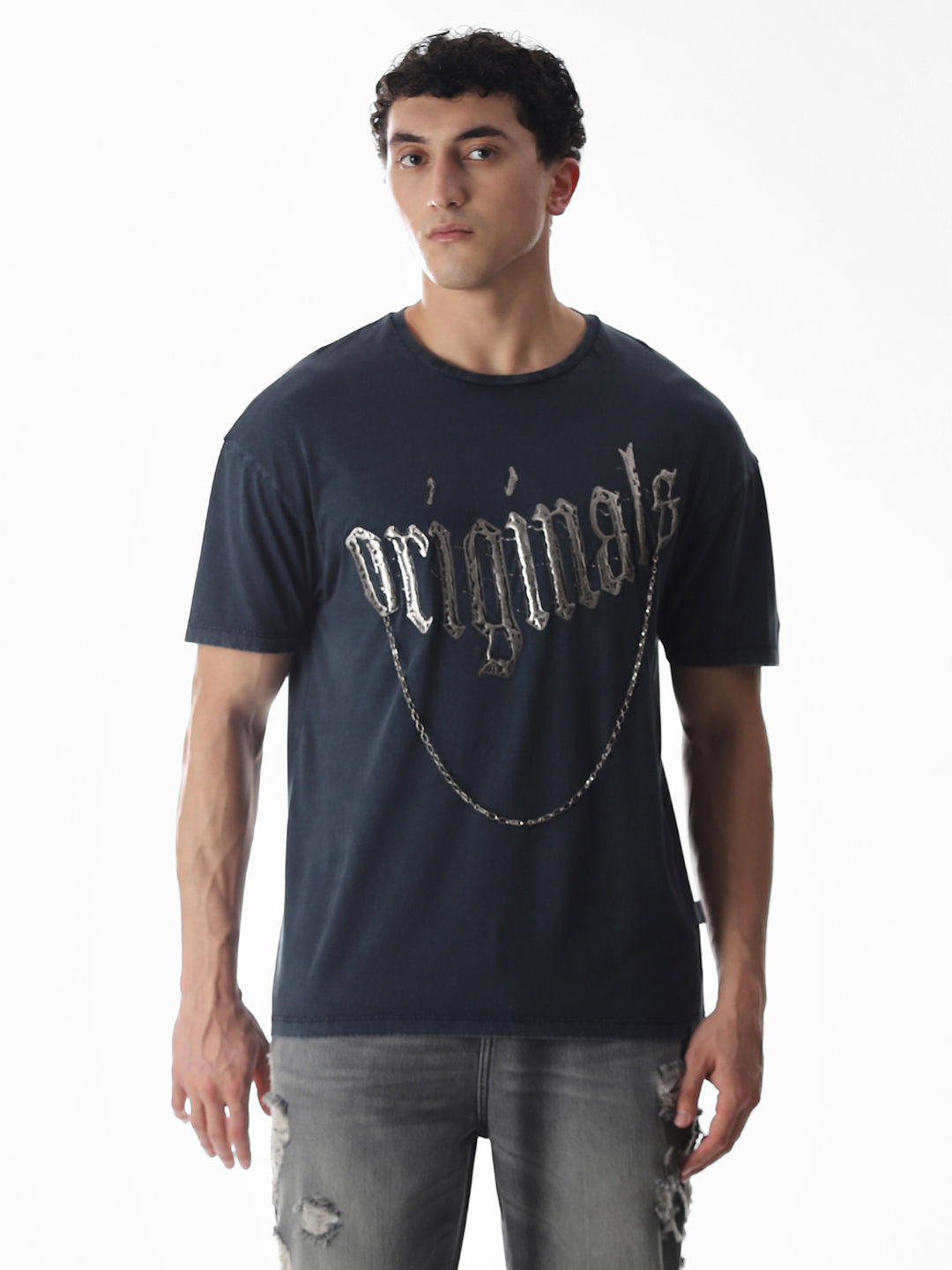 Blue Chain Detail Cotton T-shirt