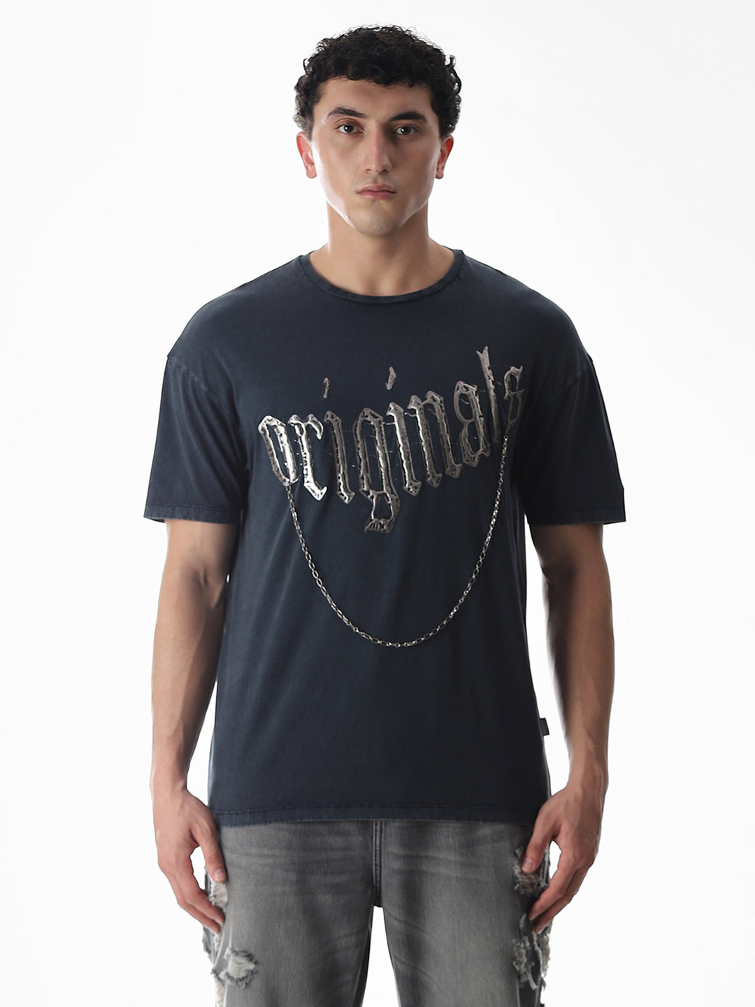 Blue Chain Detail Cotton T-shirt
