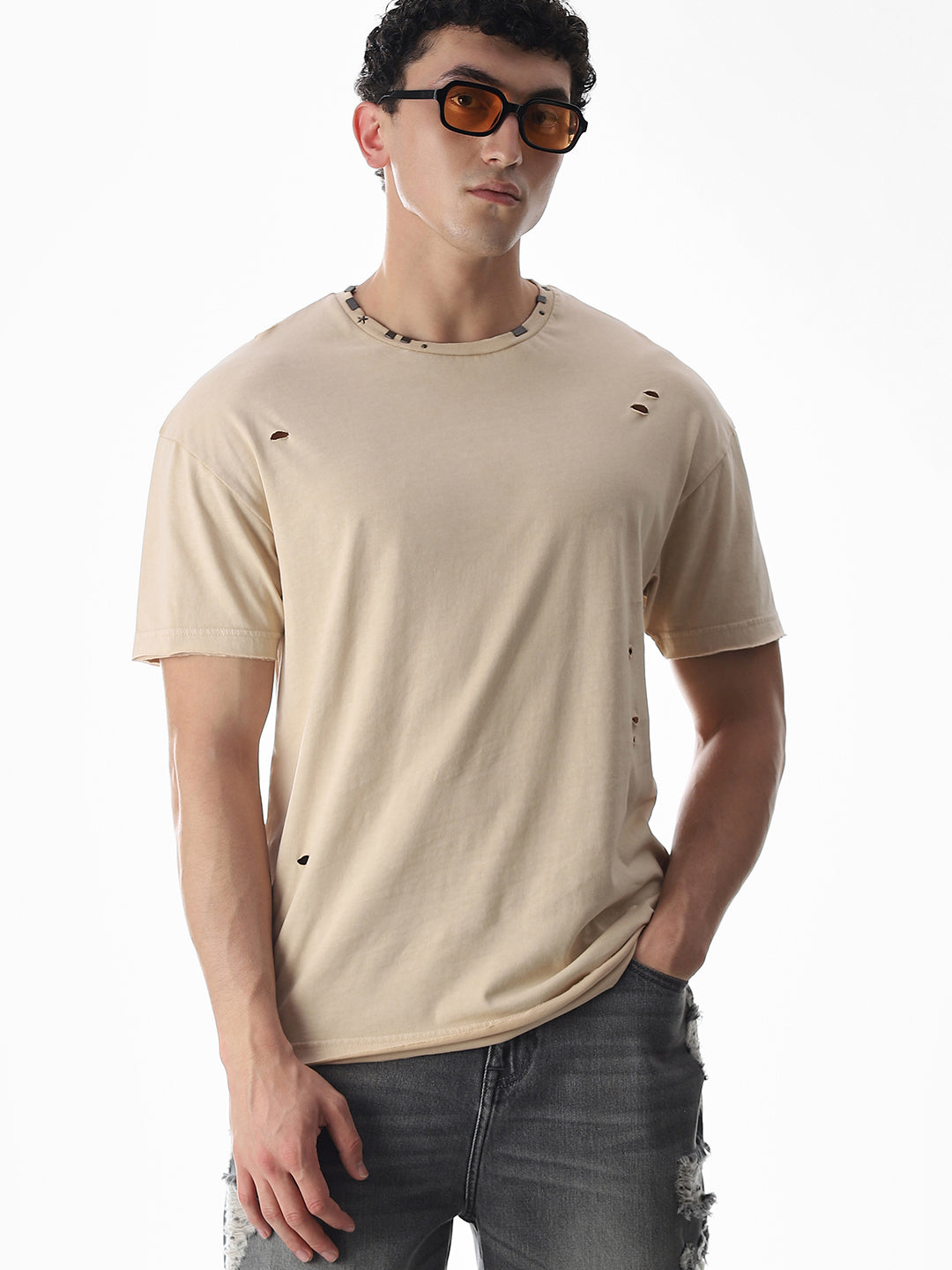 Beige Torn Detail Boxy Fit T-shirt - S
