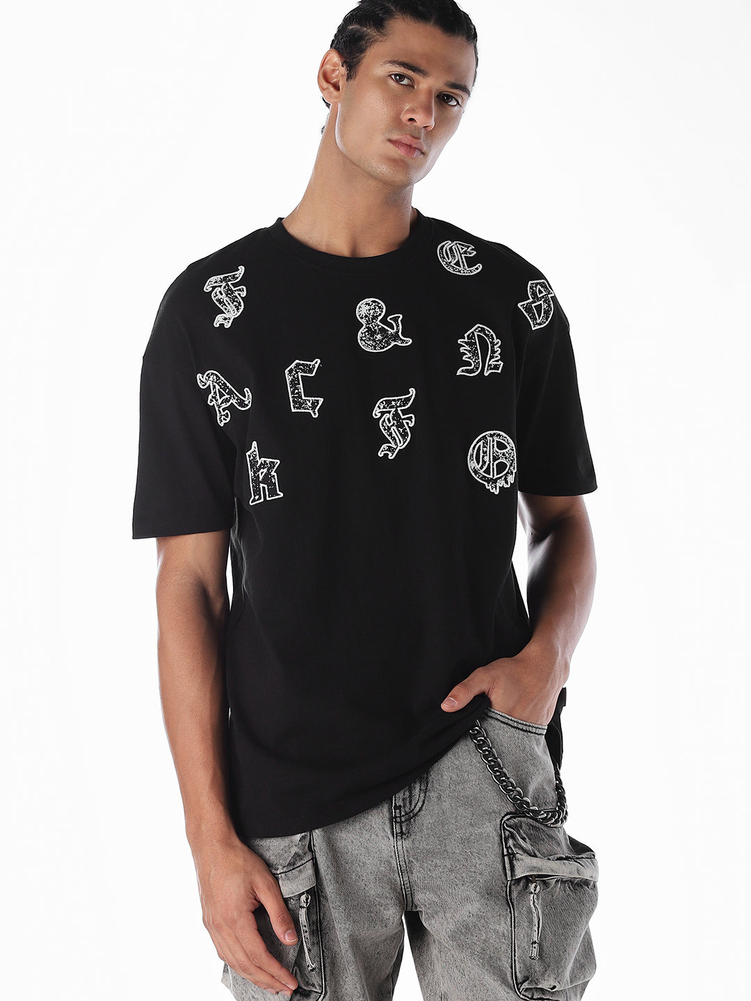 Embroidered Print Oversized T-shirt - XS