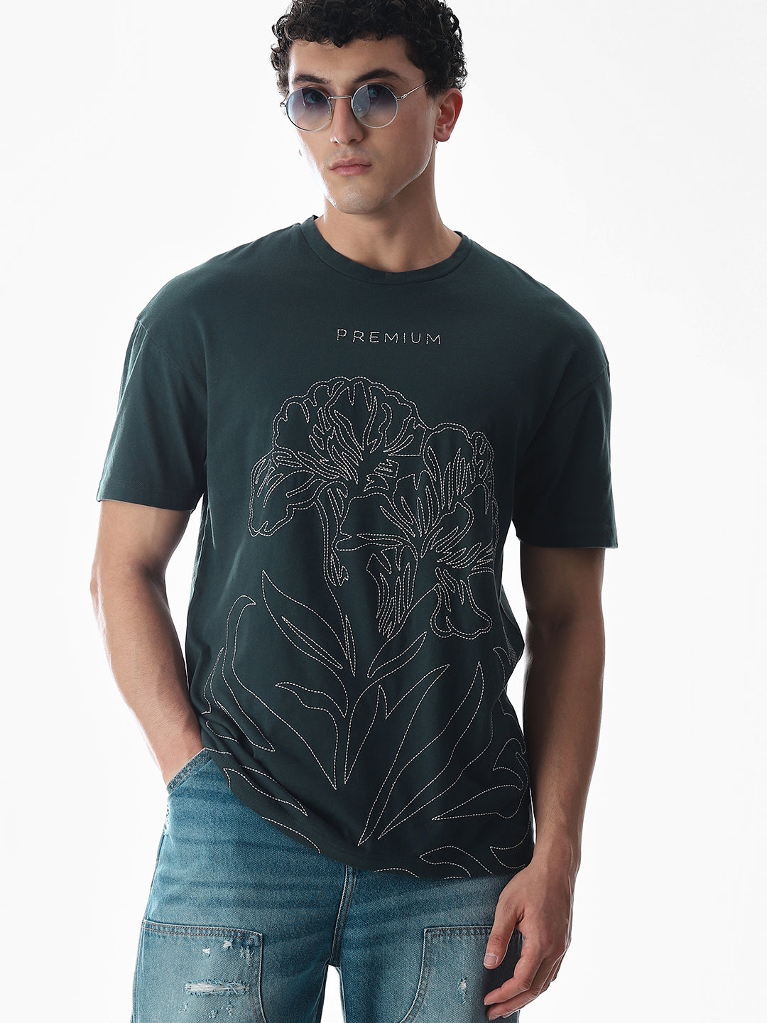 Green Embroidered Print Cotton T-shirt - S