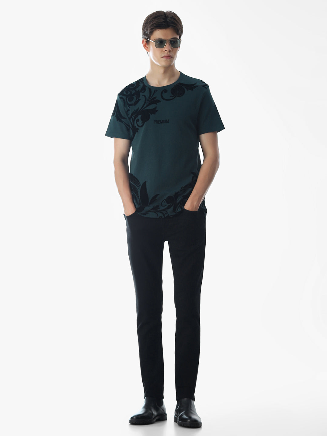 Dark Green Printed Cotton T-shirt