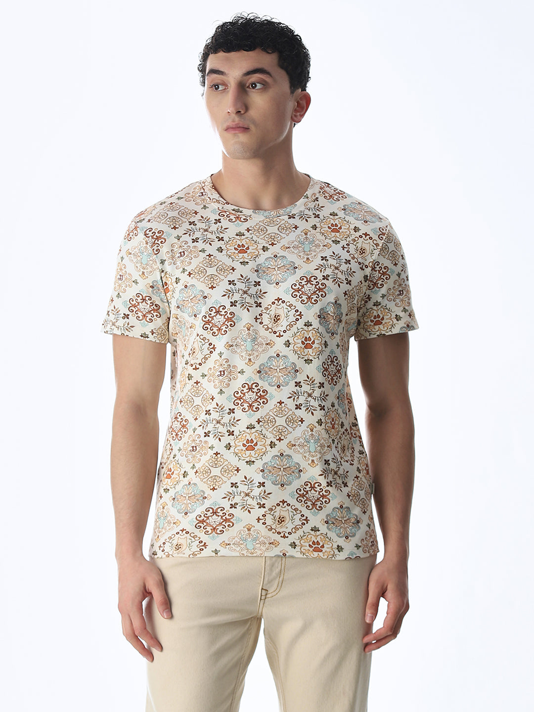 Printed Beige Cotton T-shirt