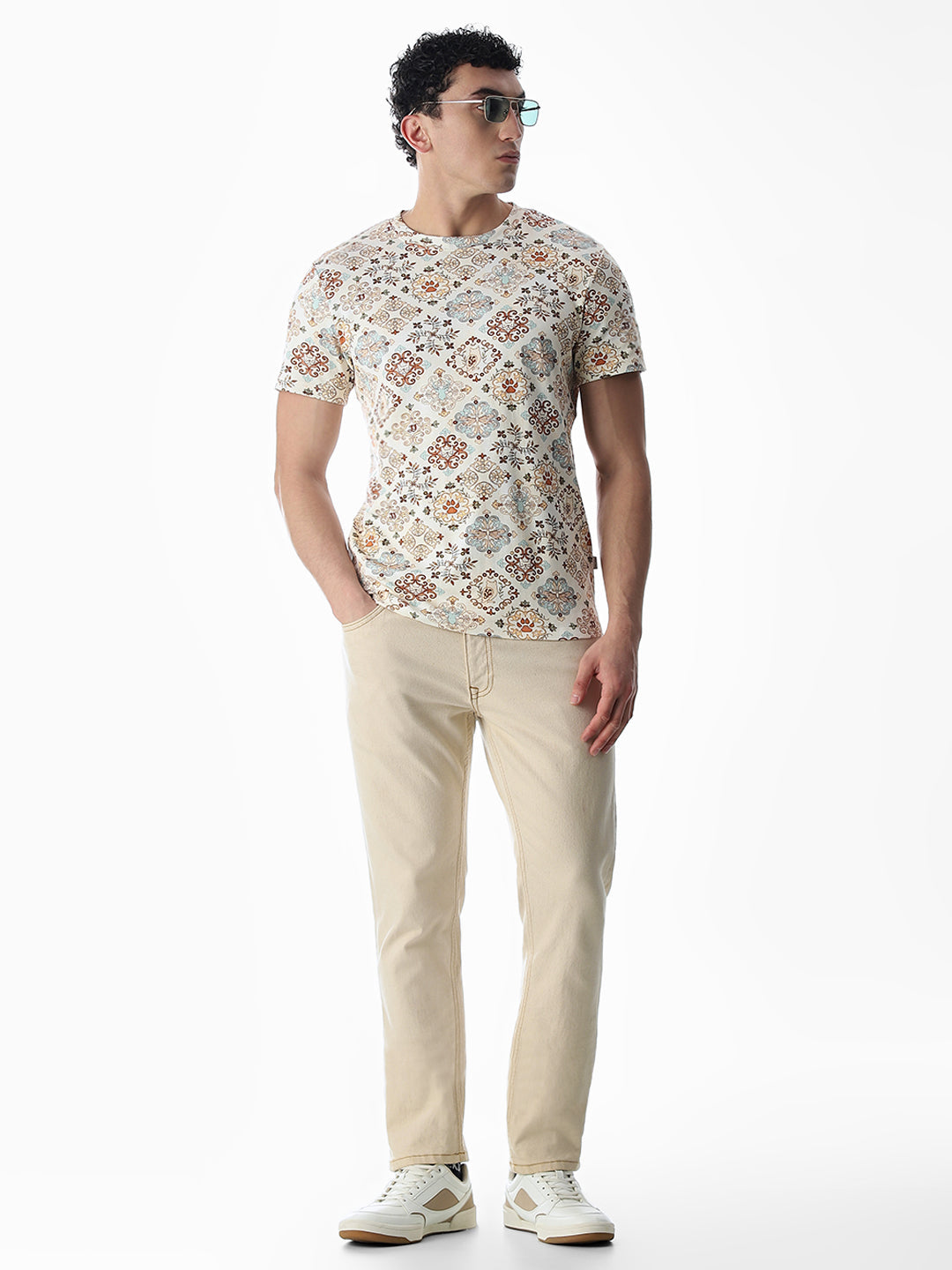 Printed Beige Cotton T-shirt