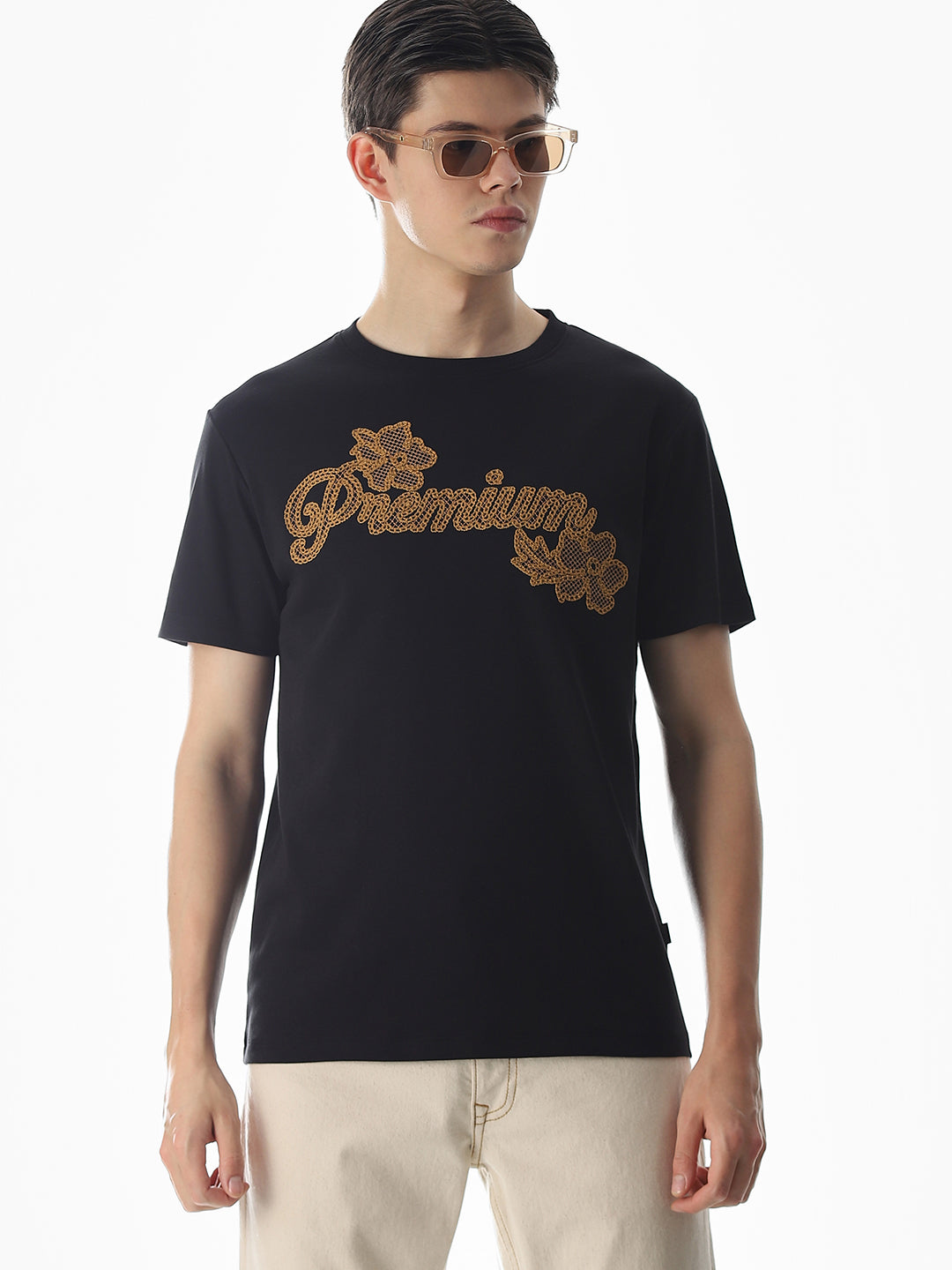Black Embroidered Cotton T-shirt - S