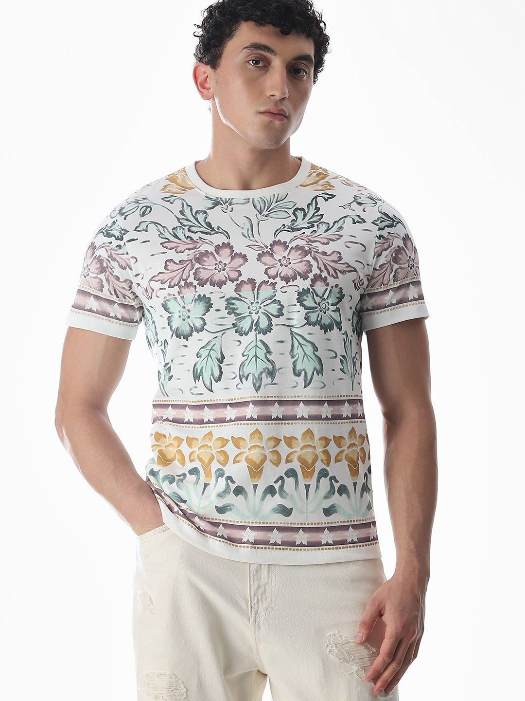 White Printed Cotton T-shirt - M