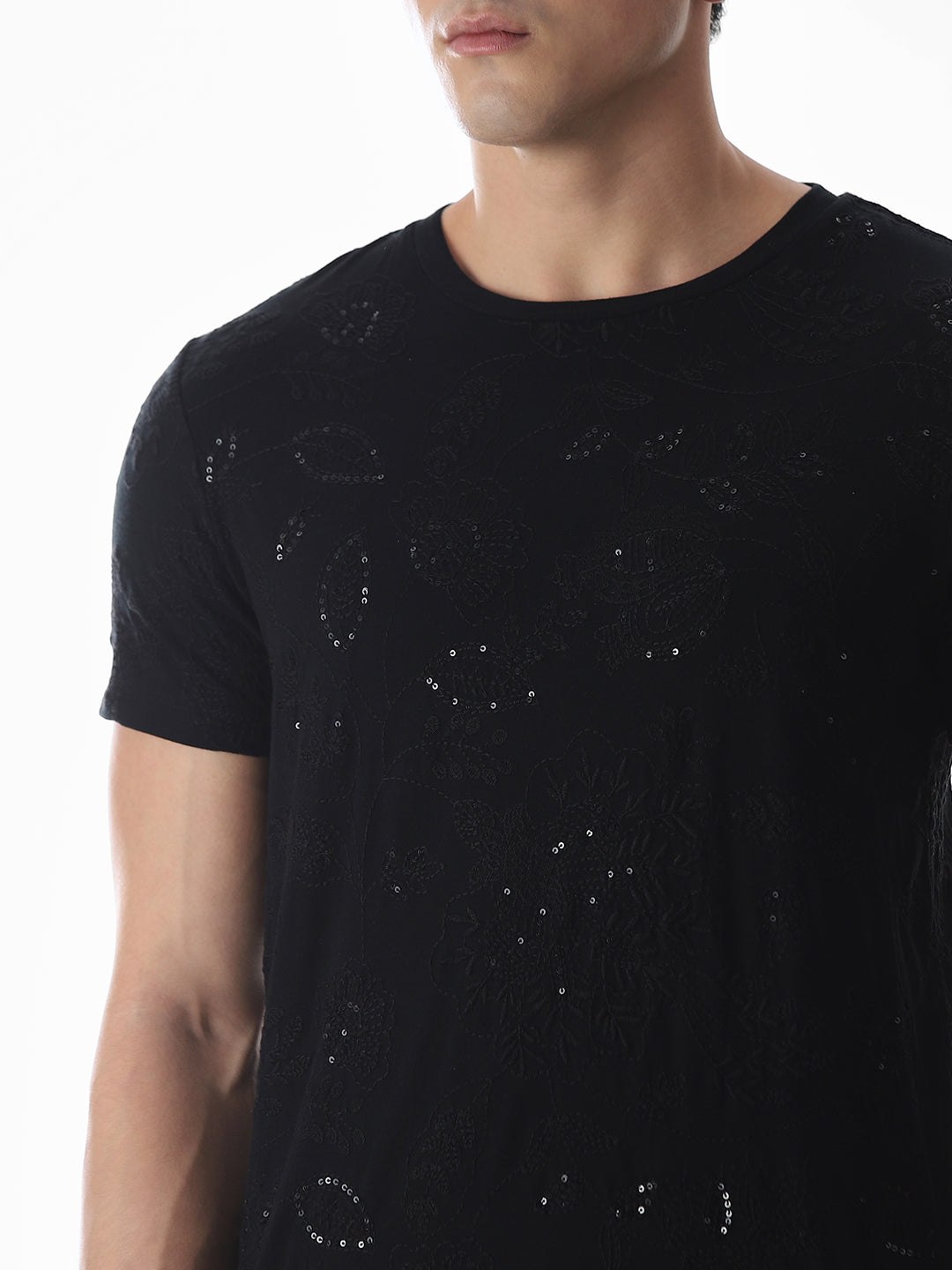 Black Embroidered Cotton T-shirt