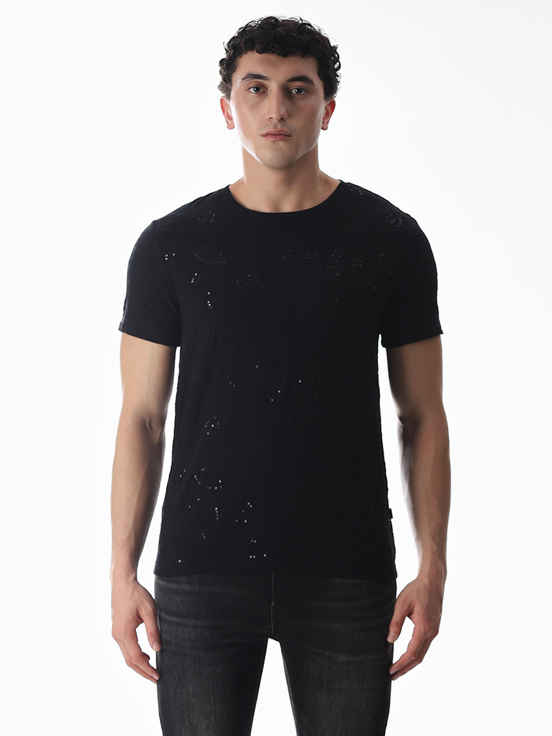 Black Embroidered Cotton T-shirt