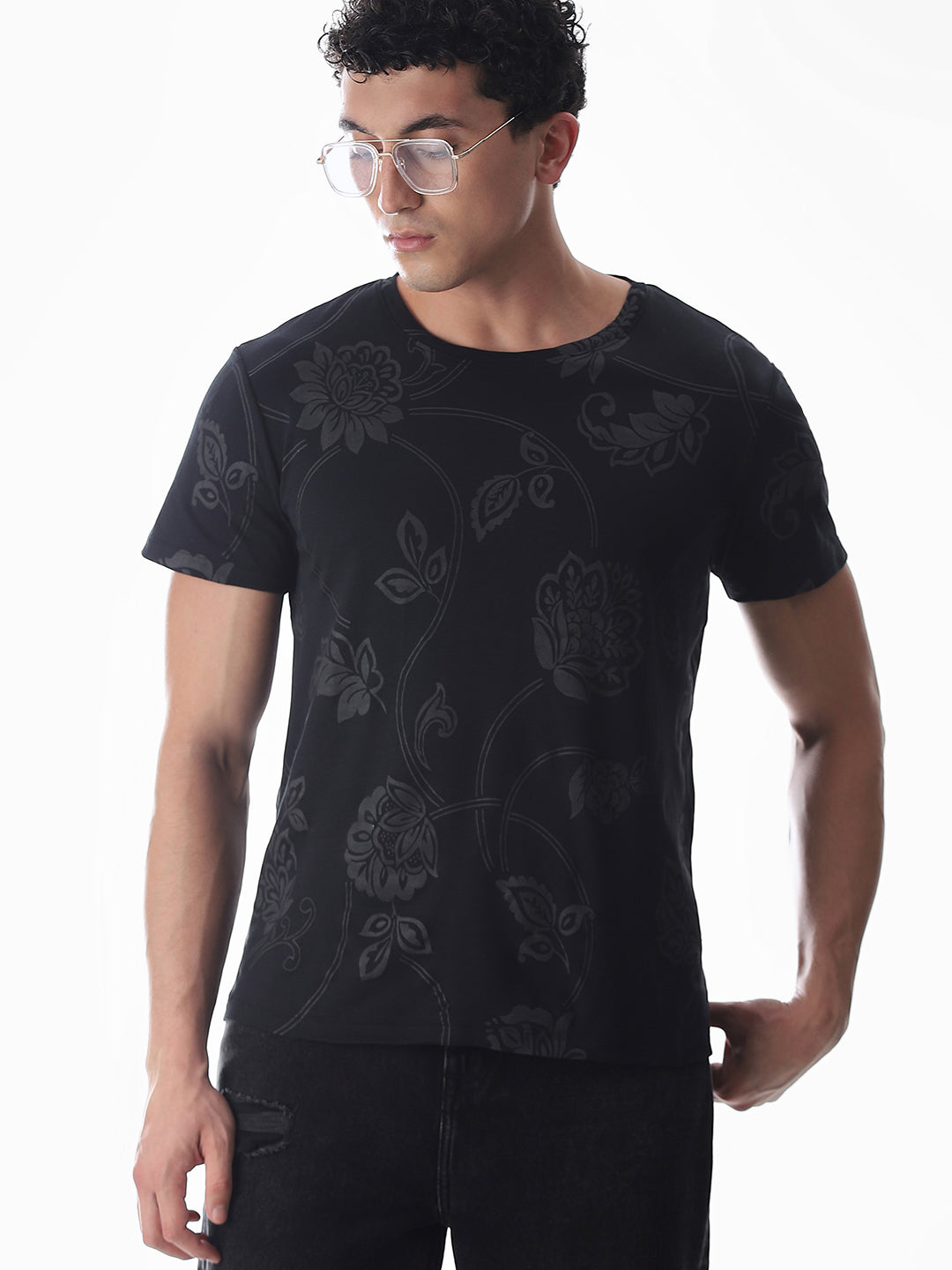 Black Printed Cotton T-shirt