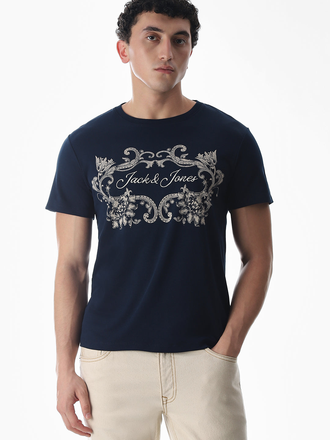 Navy Blue Printed Cotton T-shirt