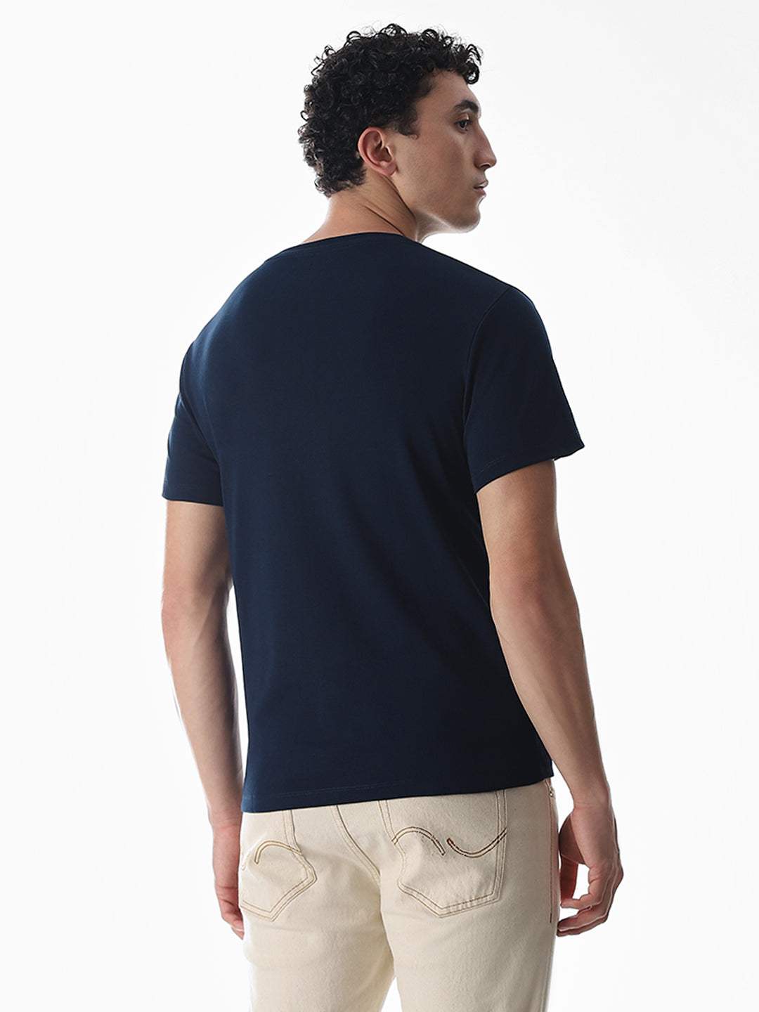 Navy Blue Printed Cotton T-shirt