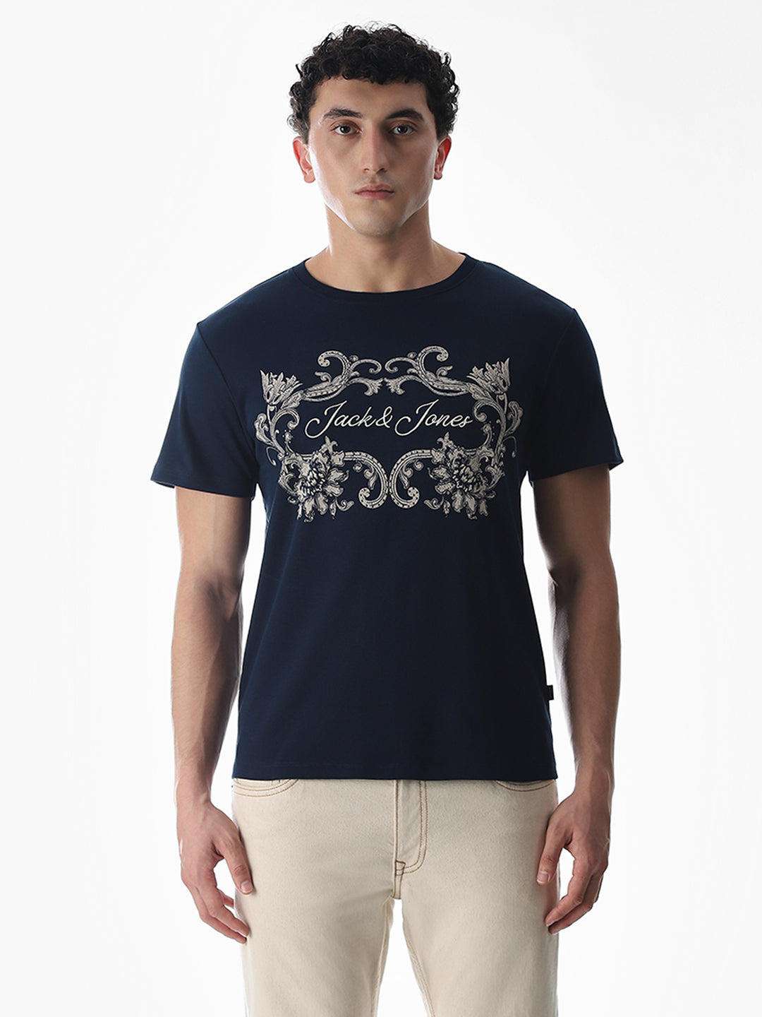 Navy Blue Printed Cotton T-shirt