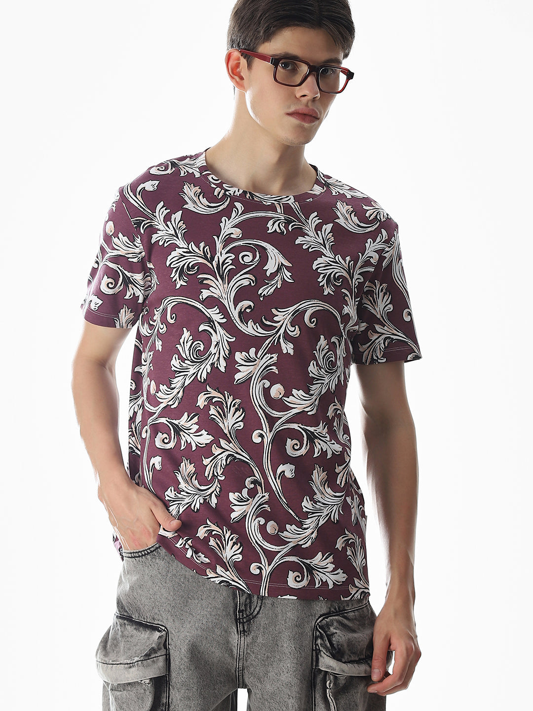 Wine Abstract Print Cotton T-shirt - S