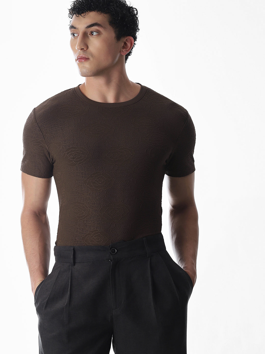 Self-Design Brown Crew Neck T-shirt - S