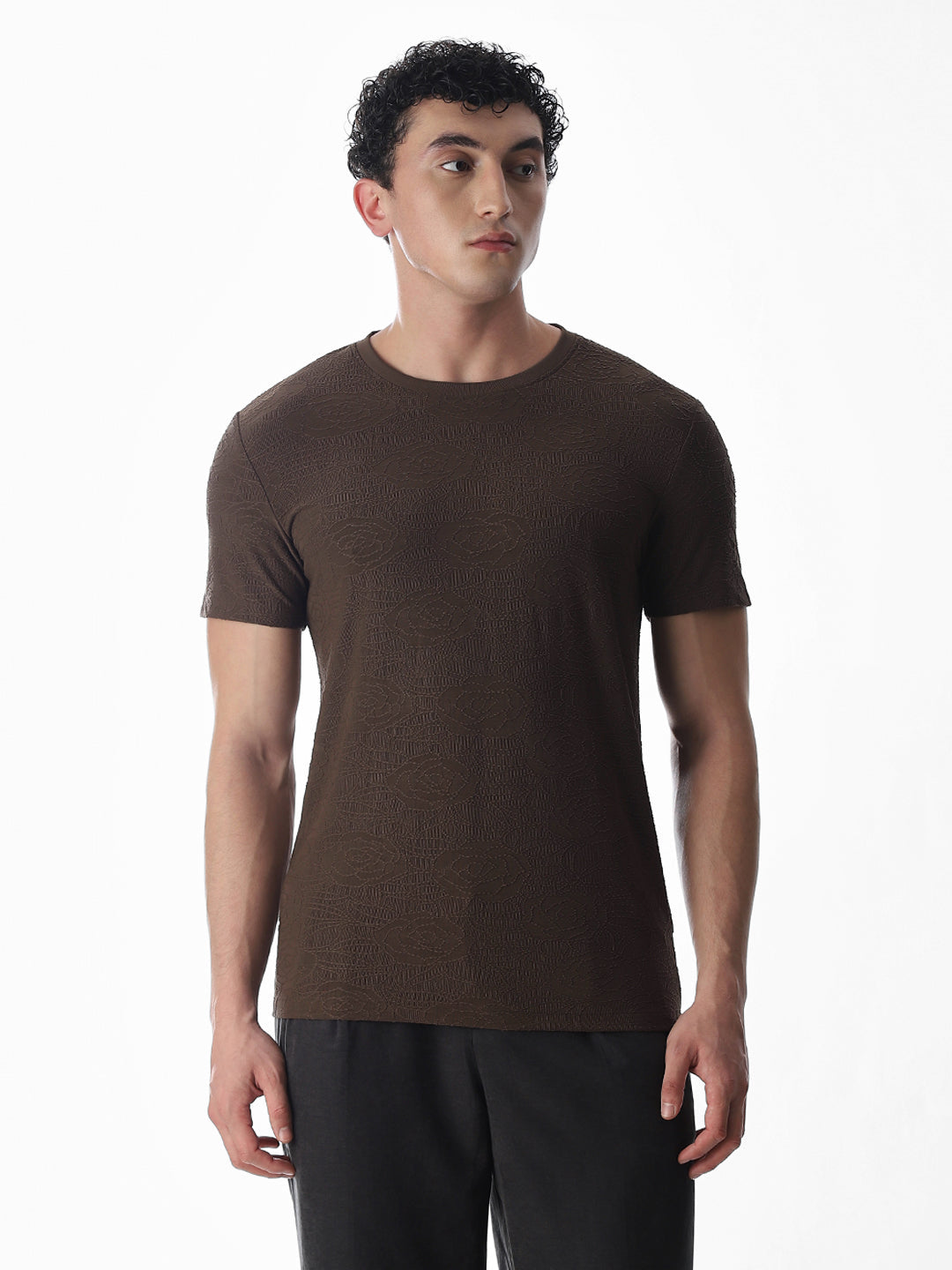 Self-Design Brown Crew Neck T-shirt