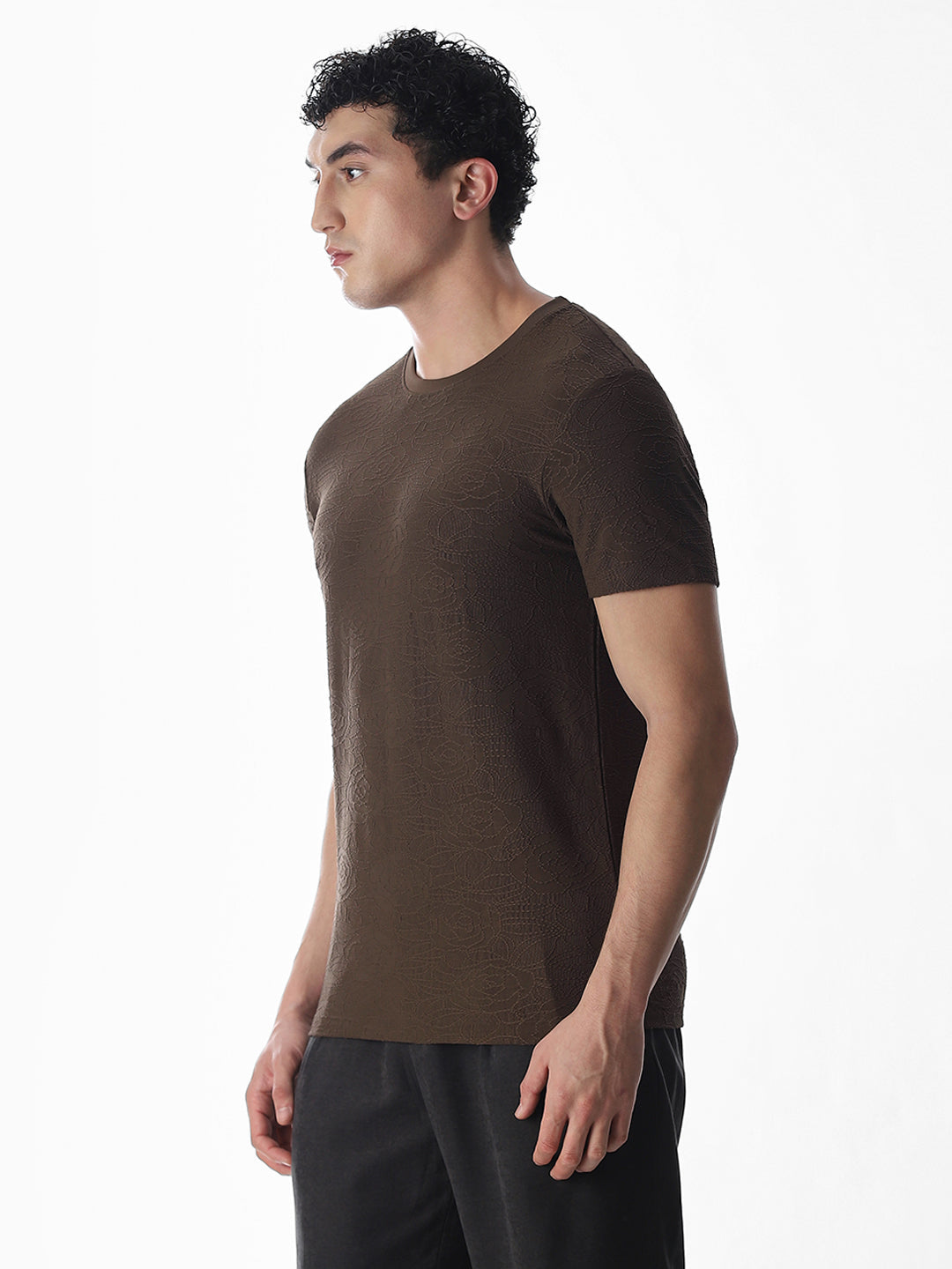 Self-Design Brown Crew Neck T-shirt