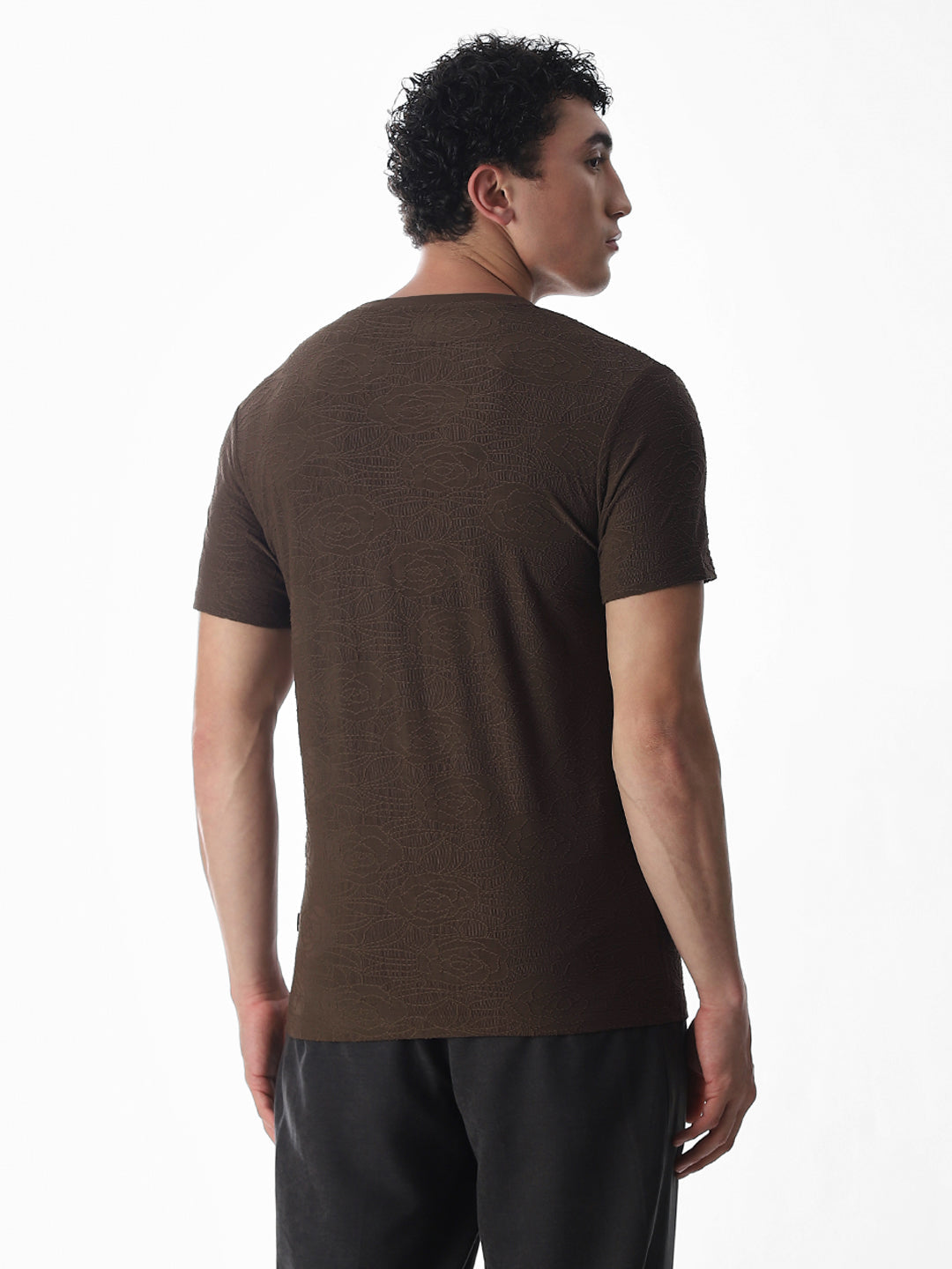 Self-Design Brown Crew Neck T-shirt