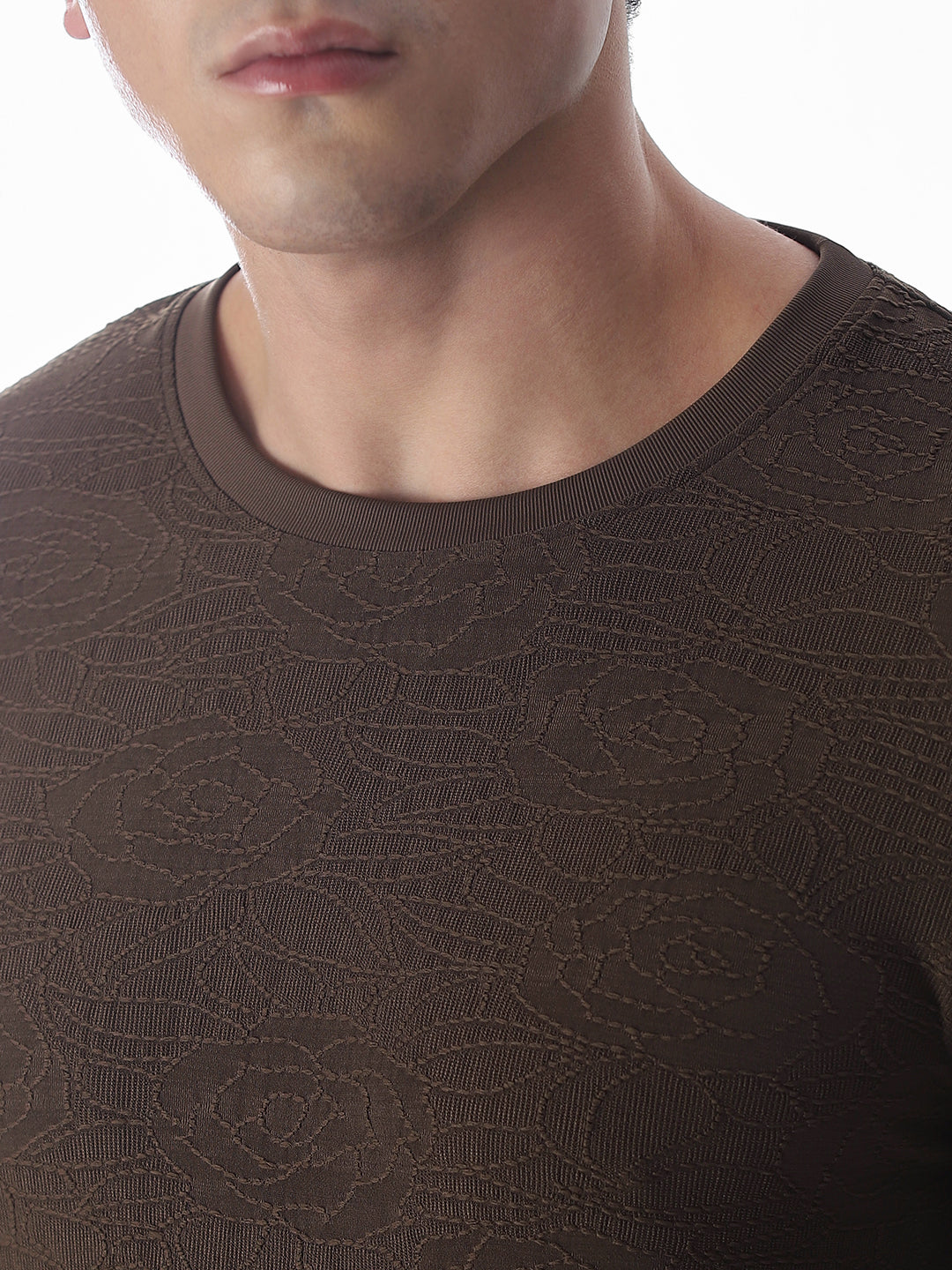Self-Design Brown Crew Neck T-shirt