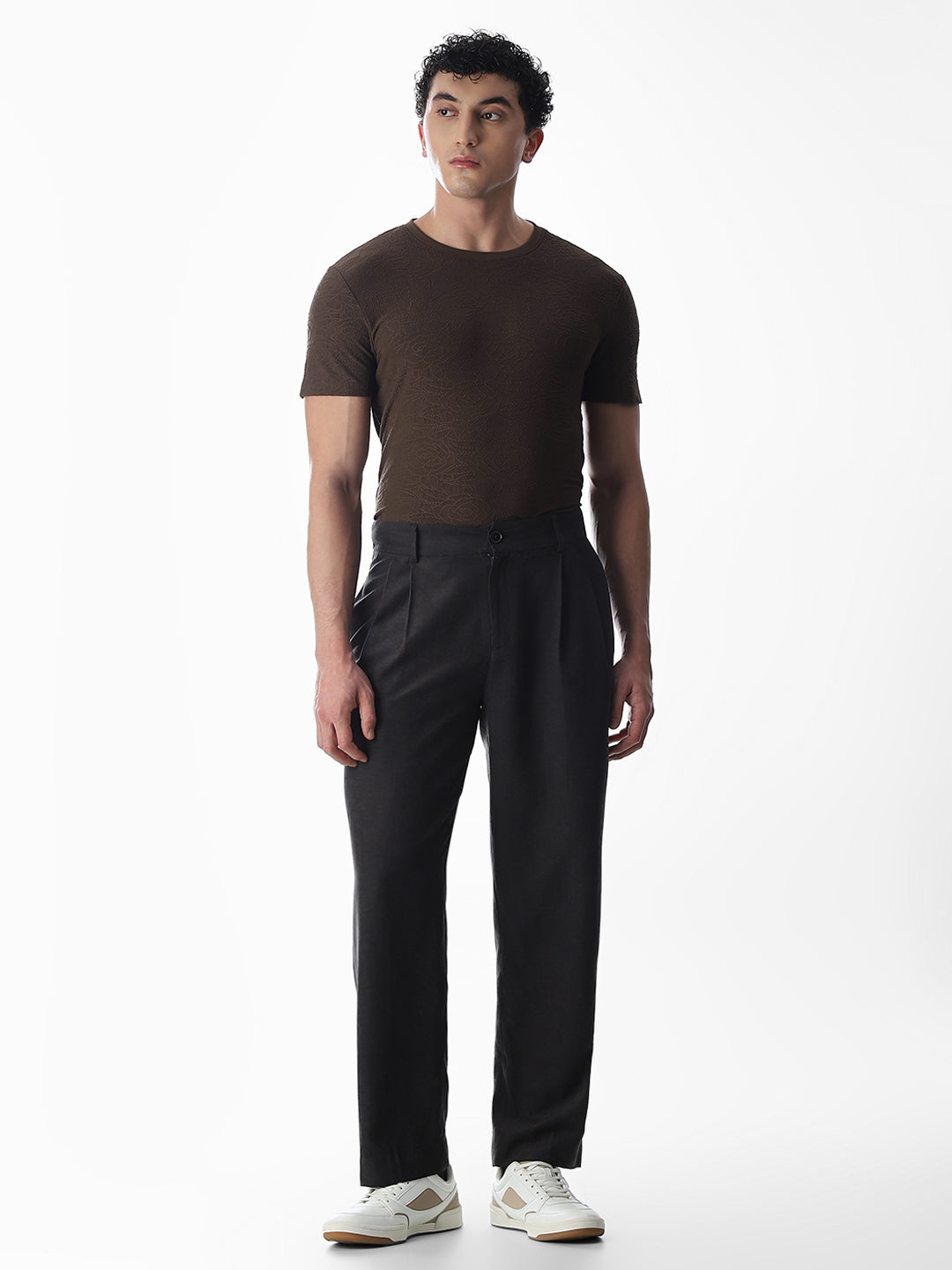 Self-Design Brown Crew Neck T-shirt