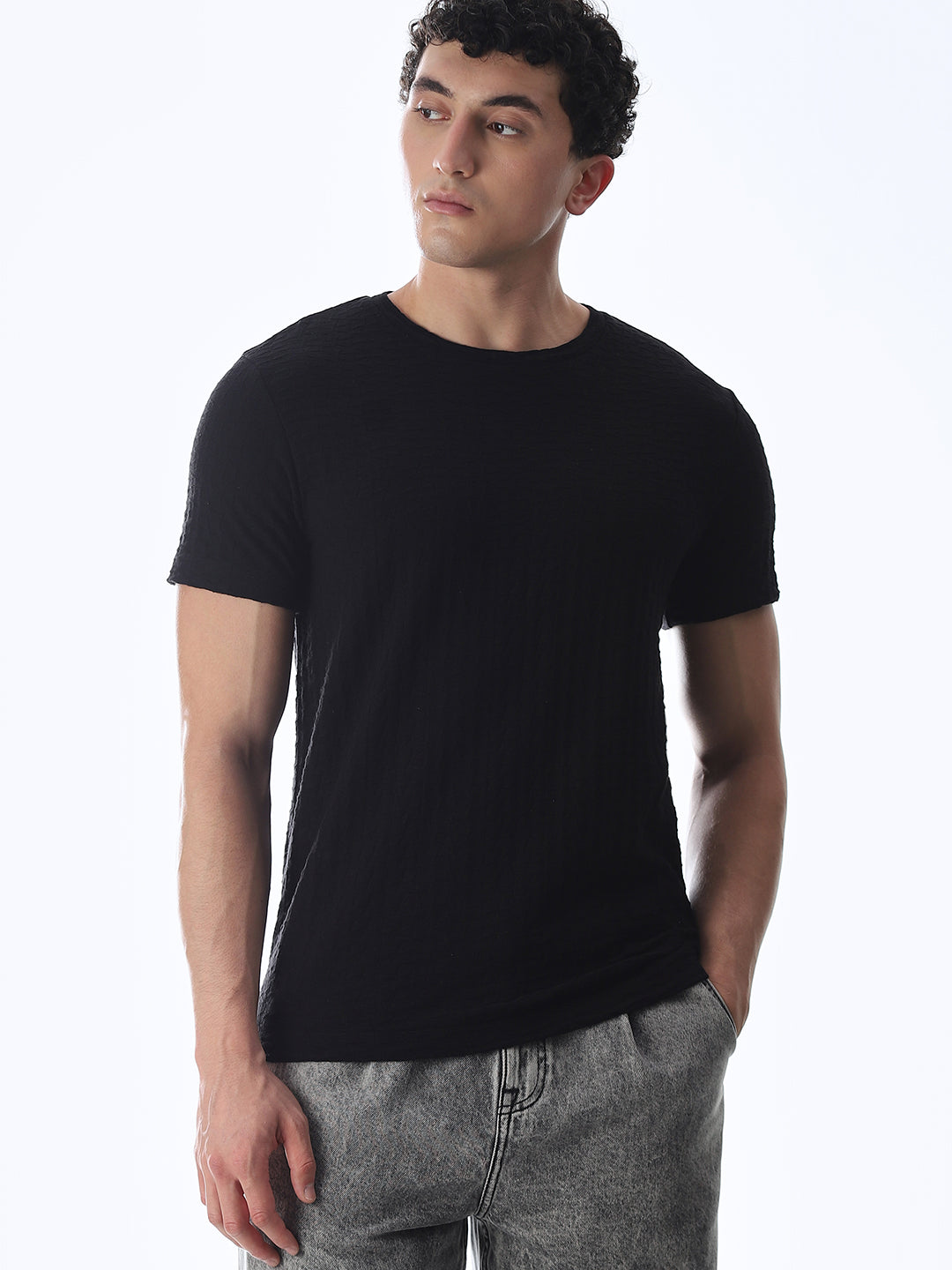 Black Jacquard Crew Neck T-shirt - S