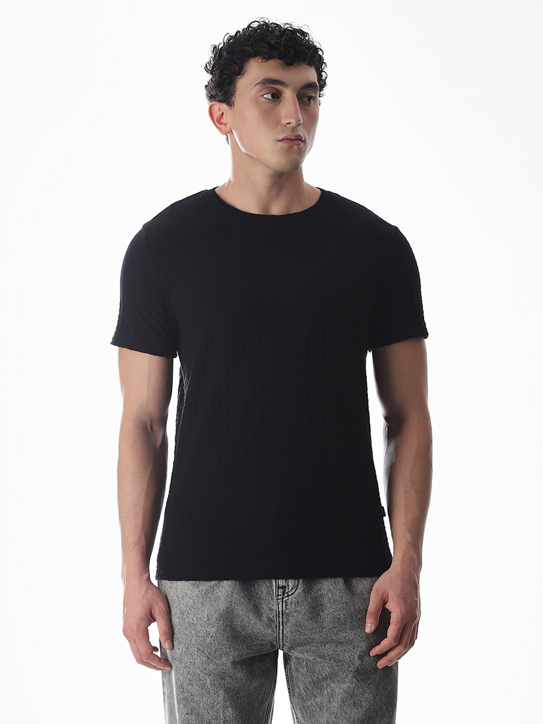 Black Jacquard Crew Neck T-shirt
