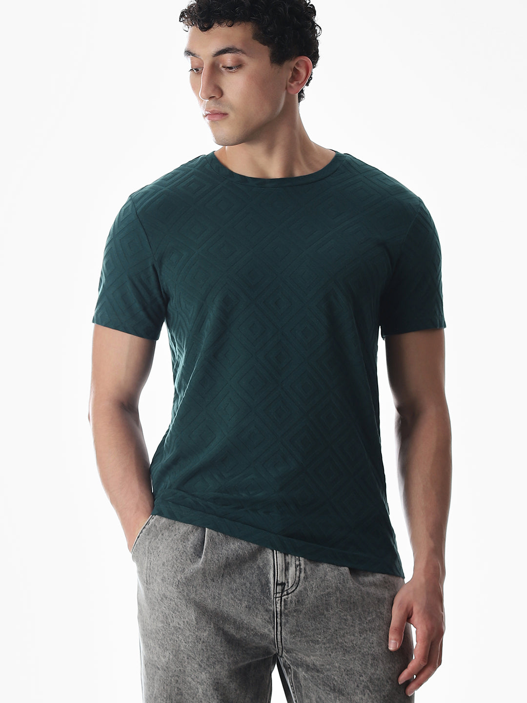 Green Jacquard Crew Neck T-shirt