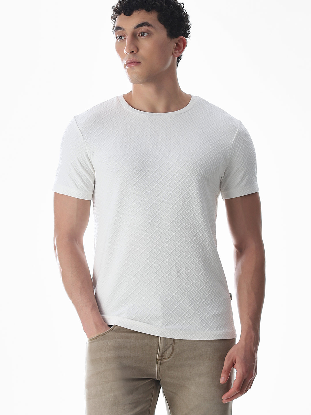 White Jacquard Crew Neck T-shirt - M