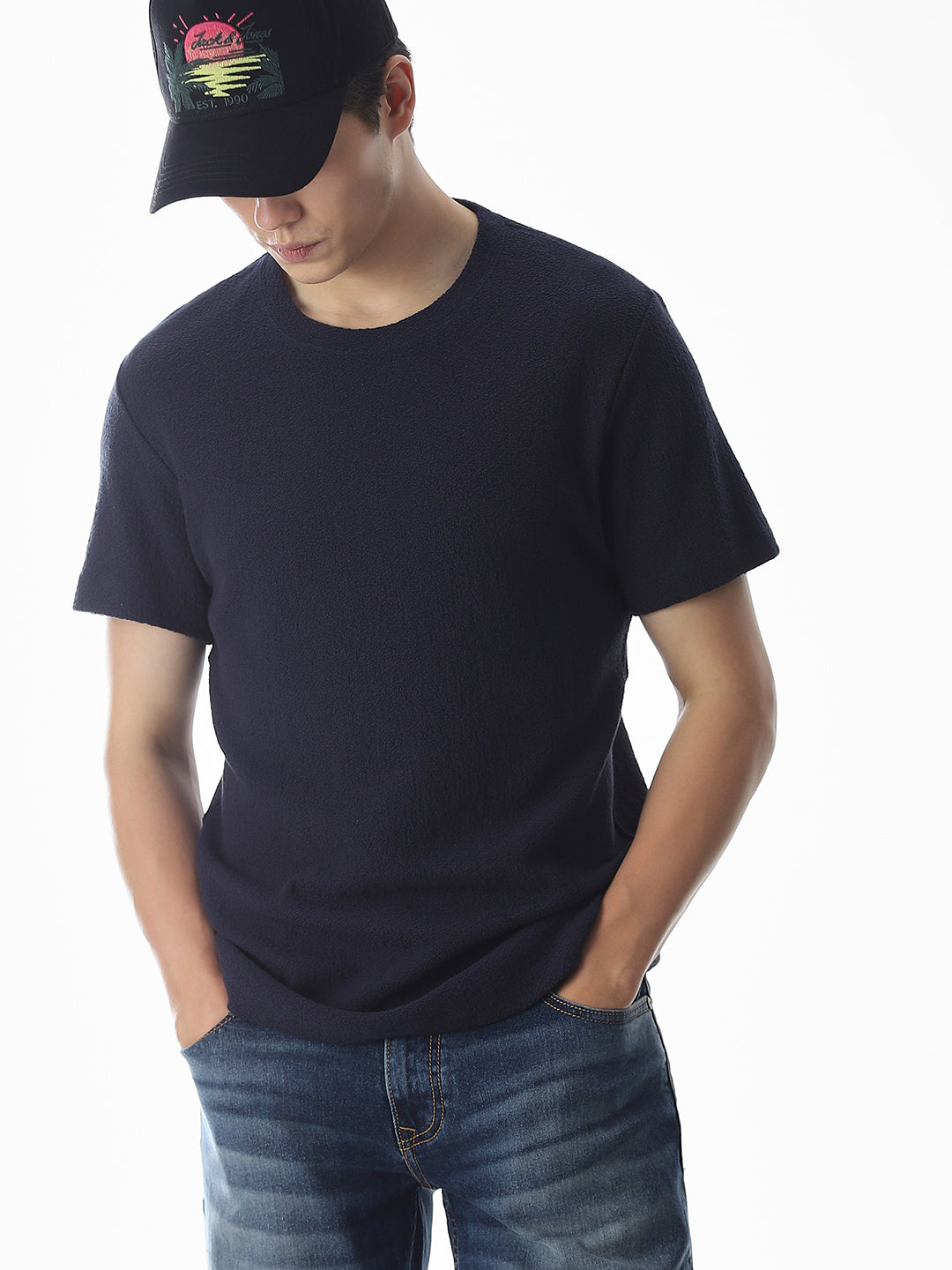 Navy Blue Cotton Crew Neck T-shirt - L