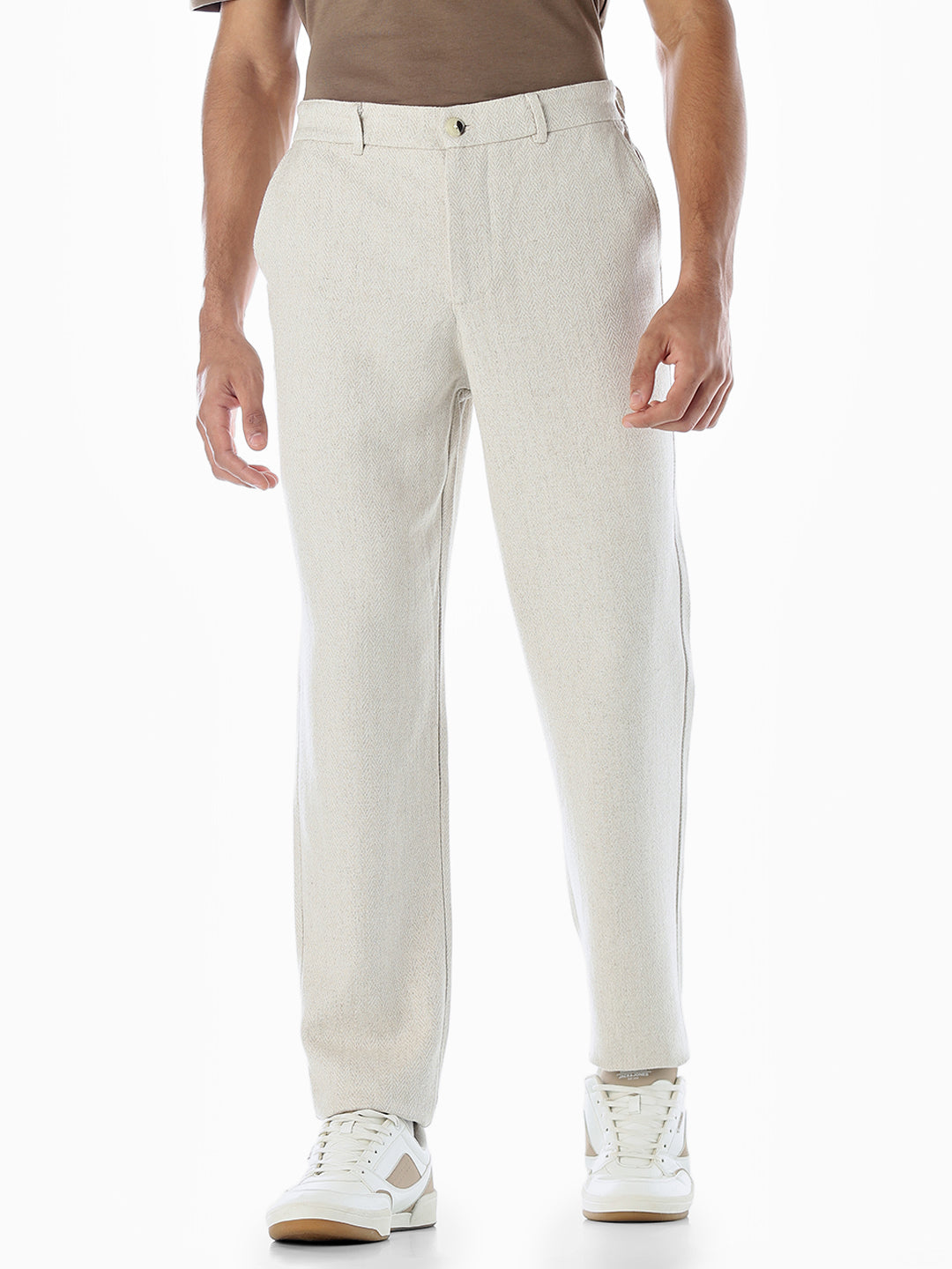 Beige Linen Blend Casual Pants