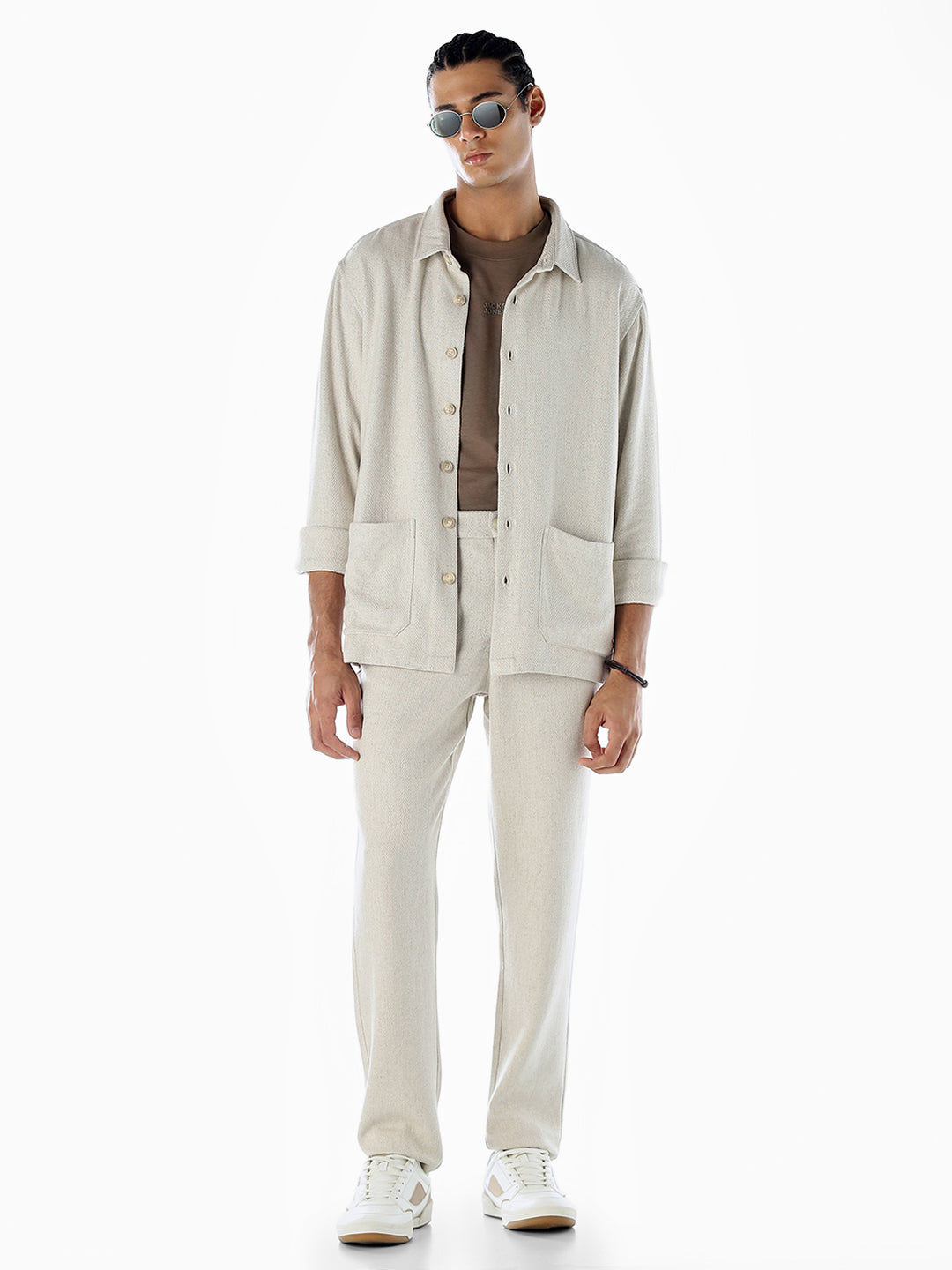 Beige Linen Blend Casual Pants