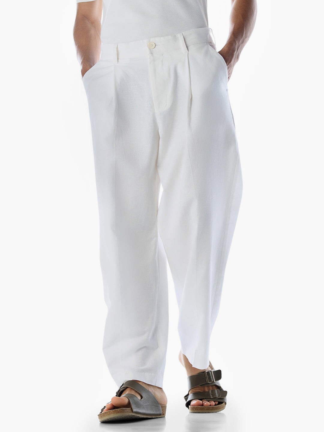 White Cotton-Flax Loose Fit Pants - M