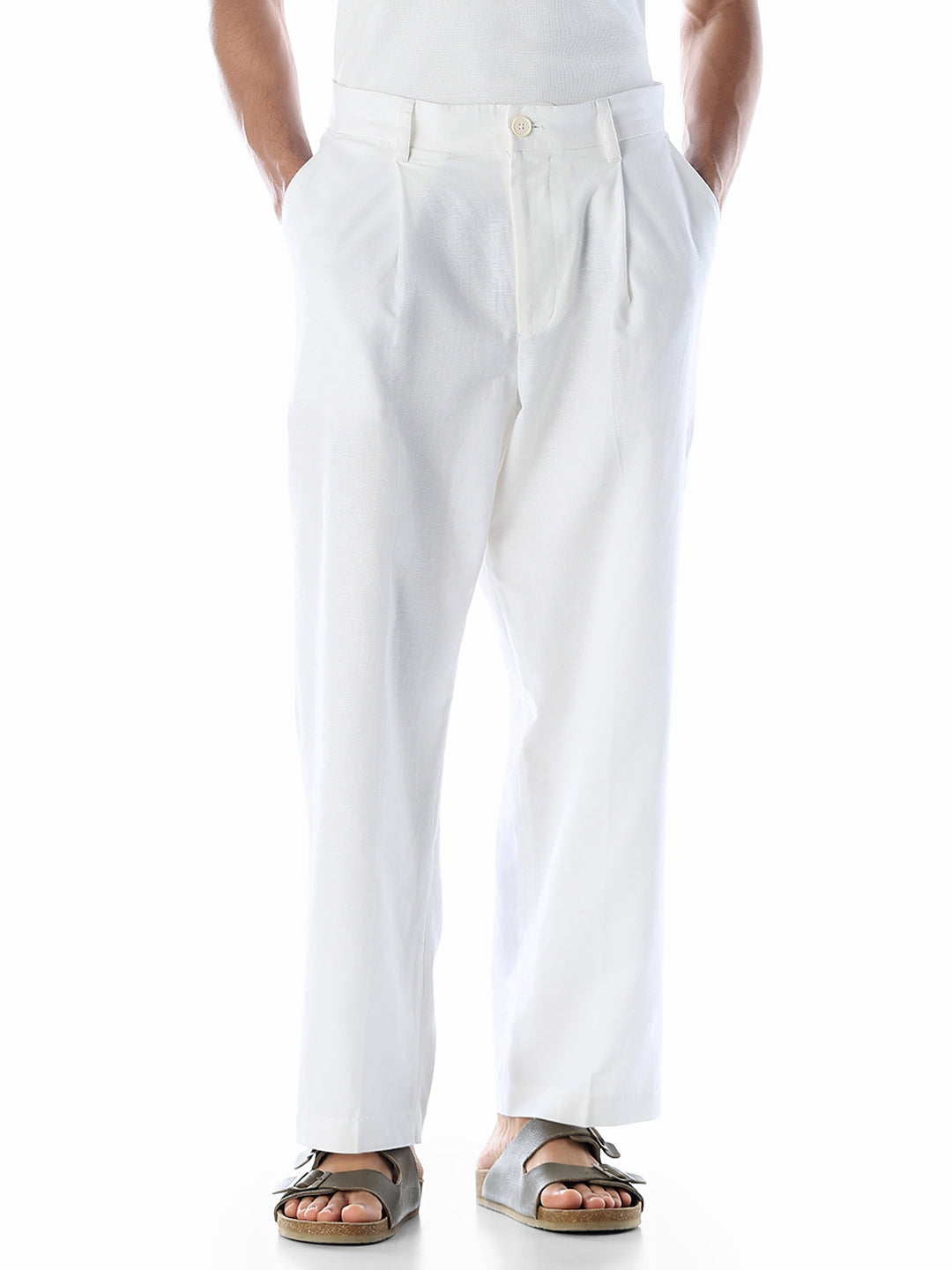 White Cotton-Flax Loose Fit Pants