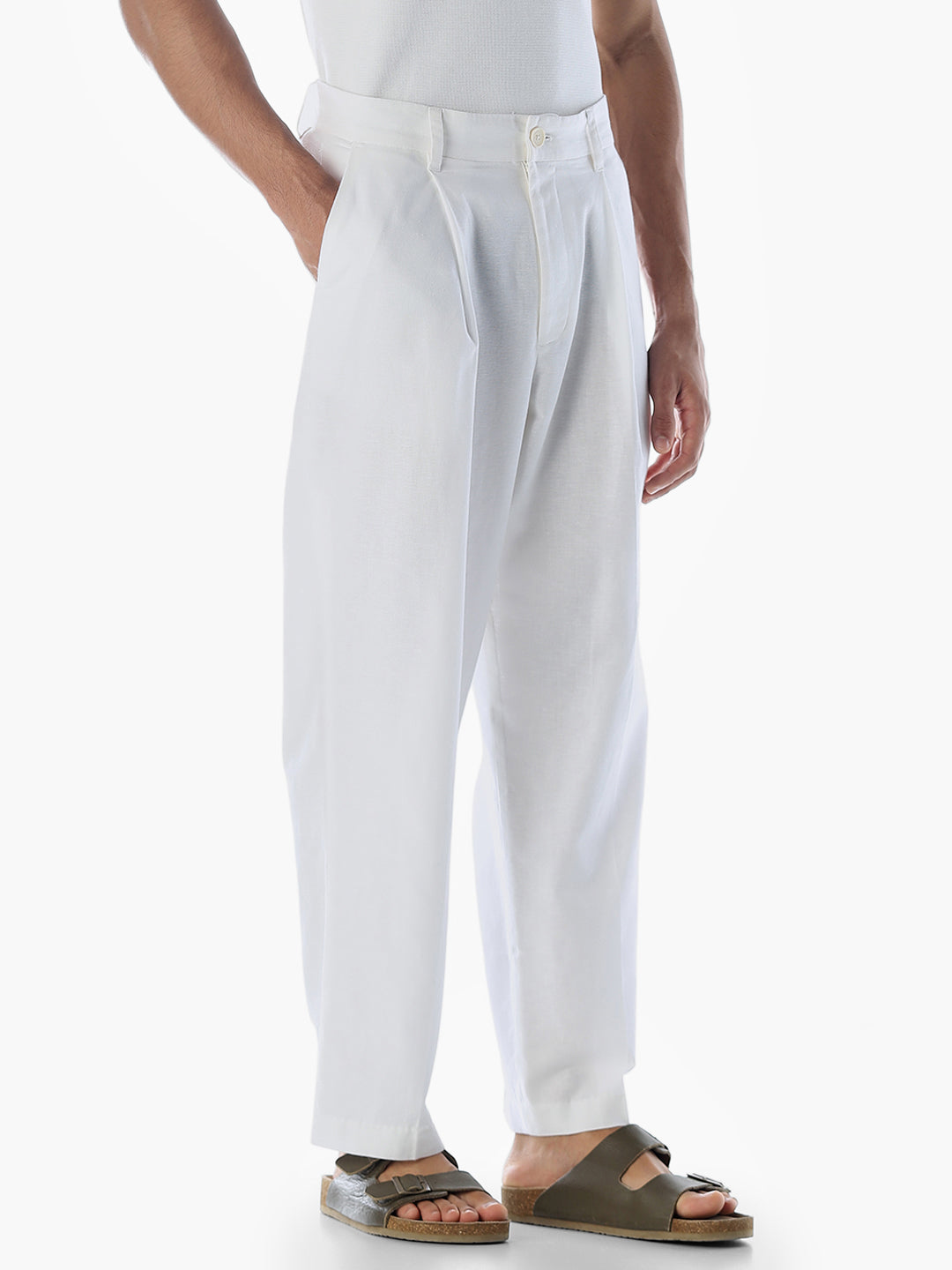White Cotton-Flax Loose Fit Pants