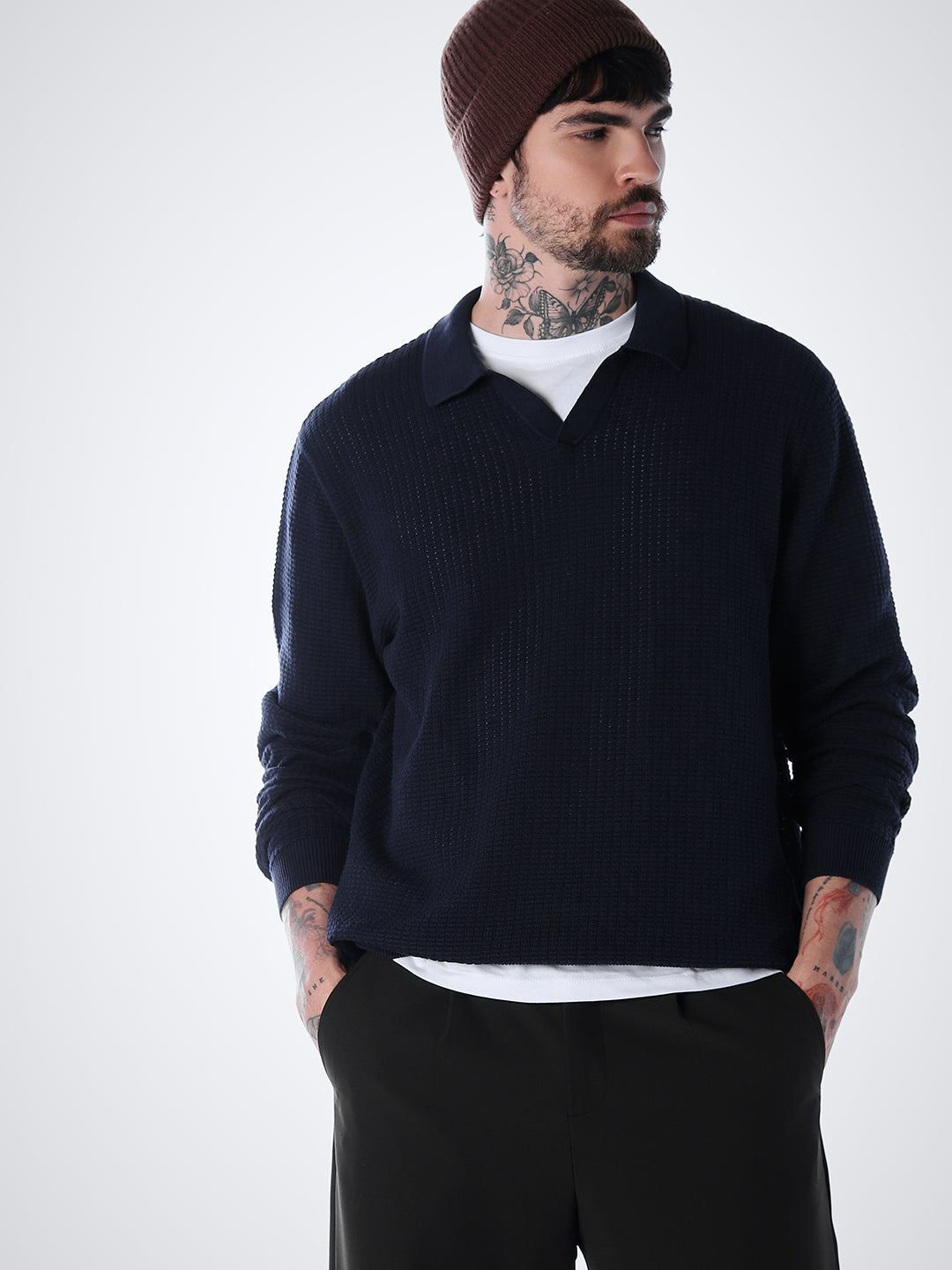Structured Knitted Regular Fit Polo - Blue - XL